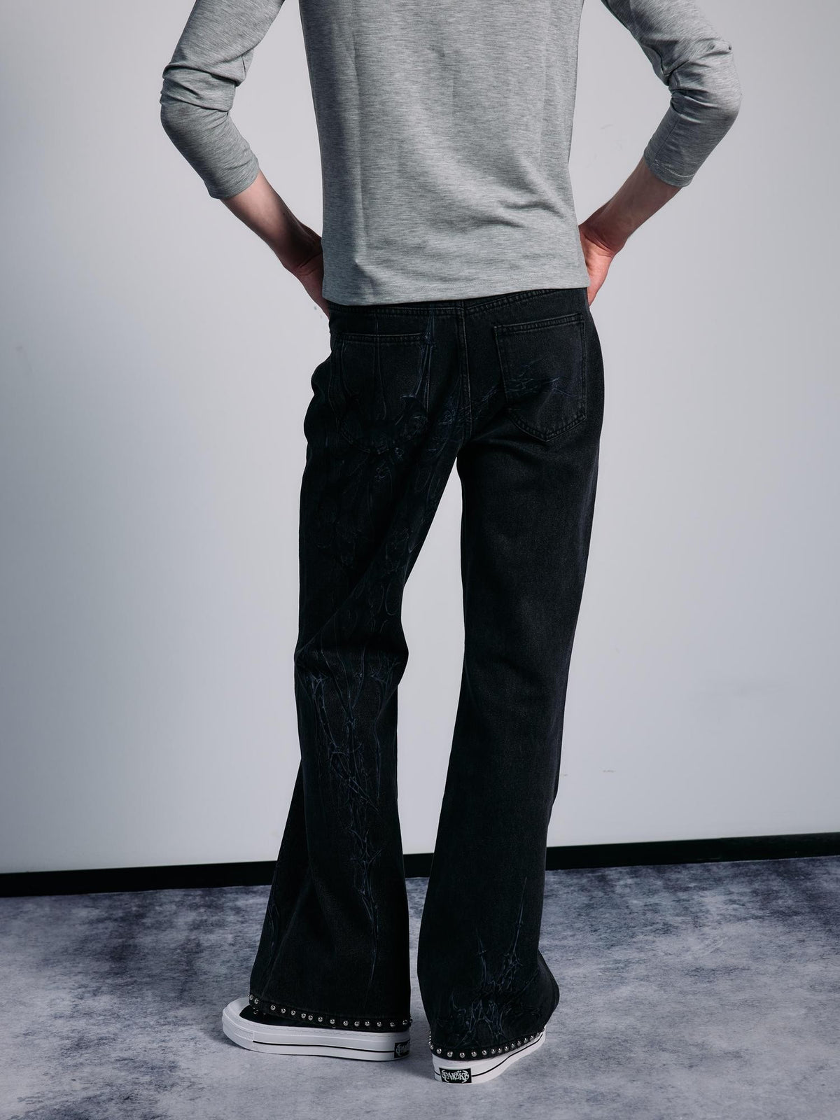 PAIKI Spider Thorn Beaded Washed Grey Denim Women's Straight Jeans