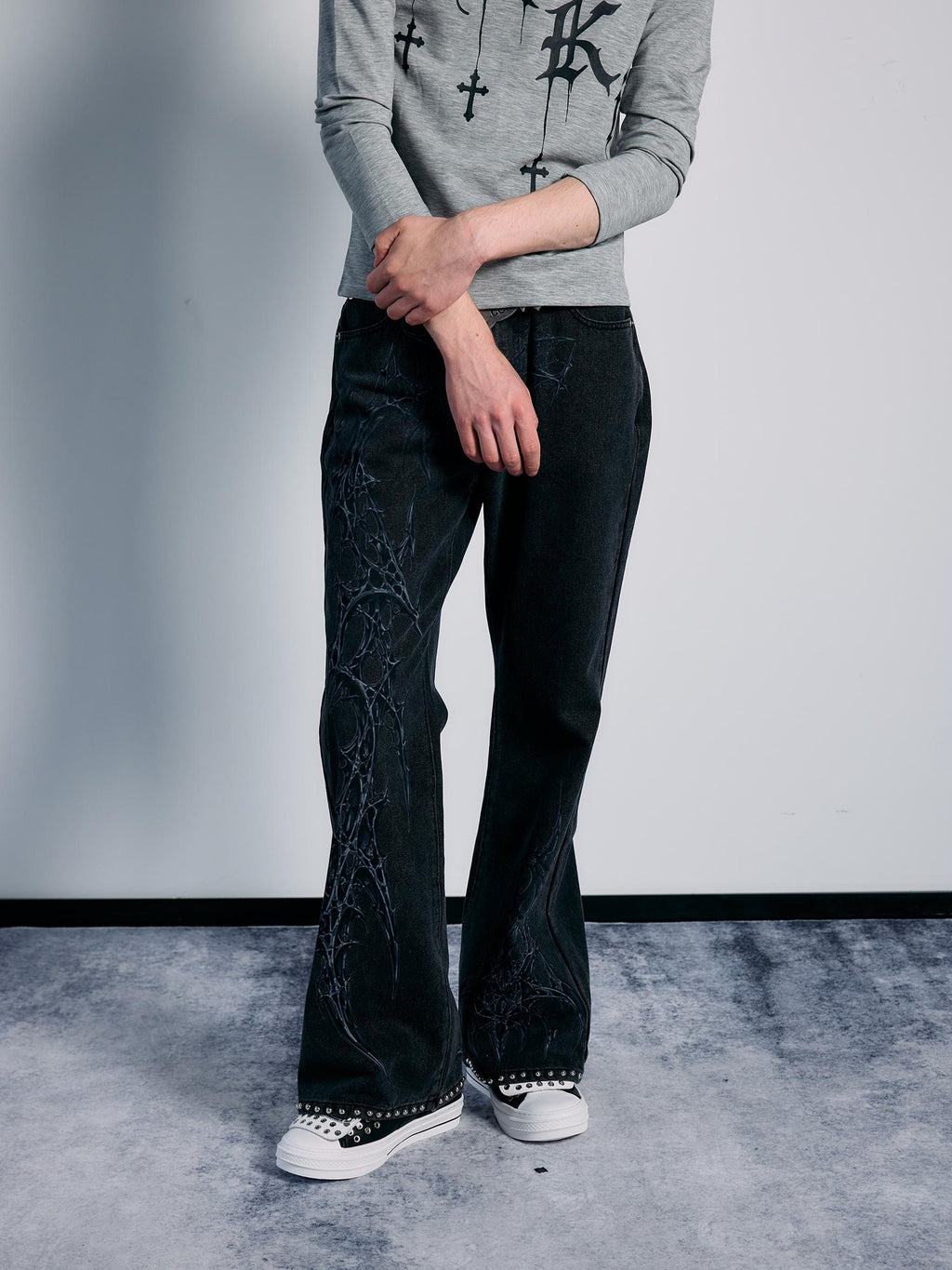PAIKI Spider Thorn Beaded Washed Grey Denim Women's Straight Jeans