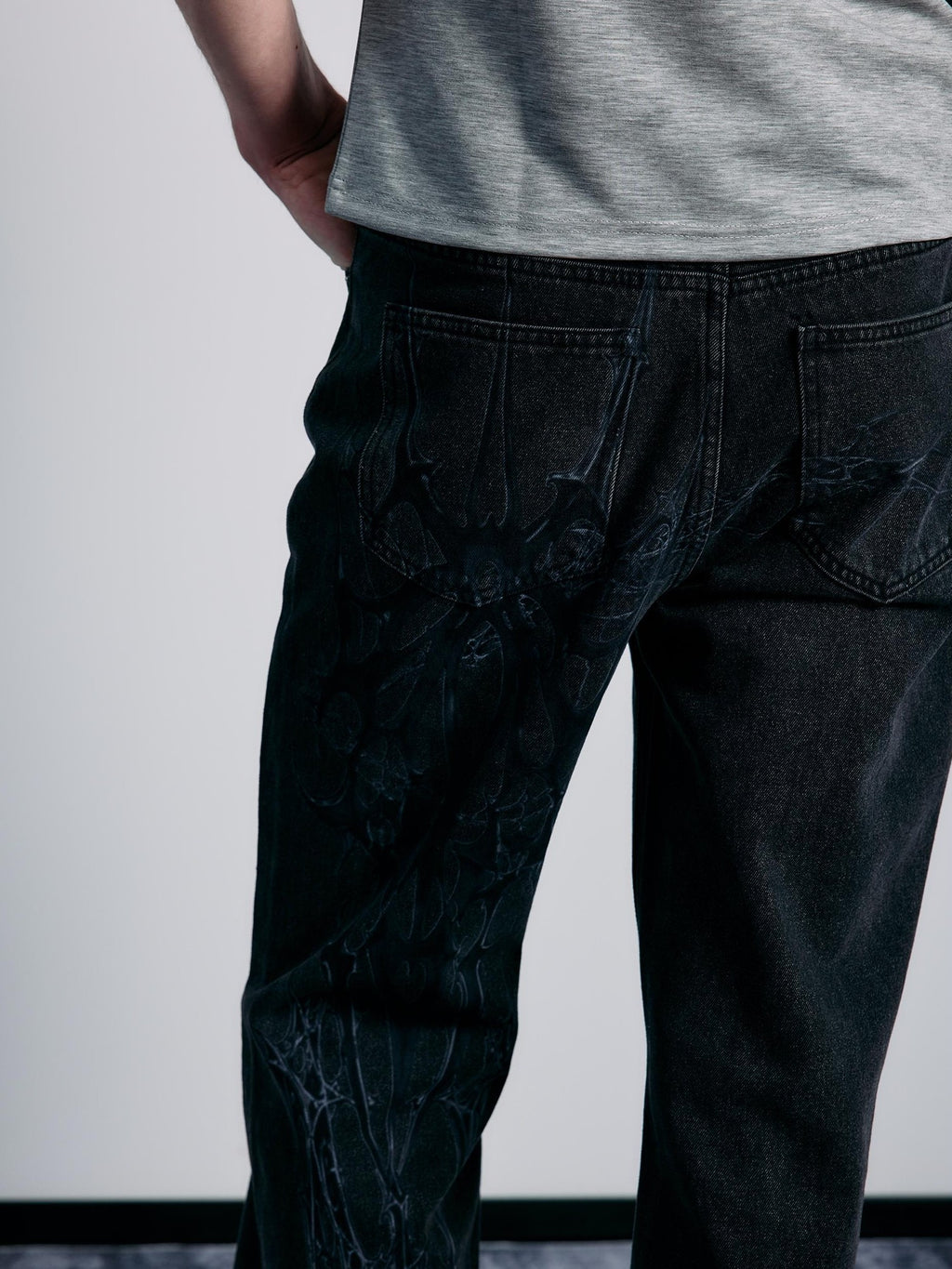 PAIKI Spider Thorn Beaded Washed Grey Denim Women's Straight Jeans