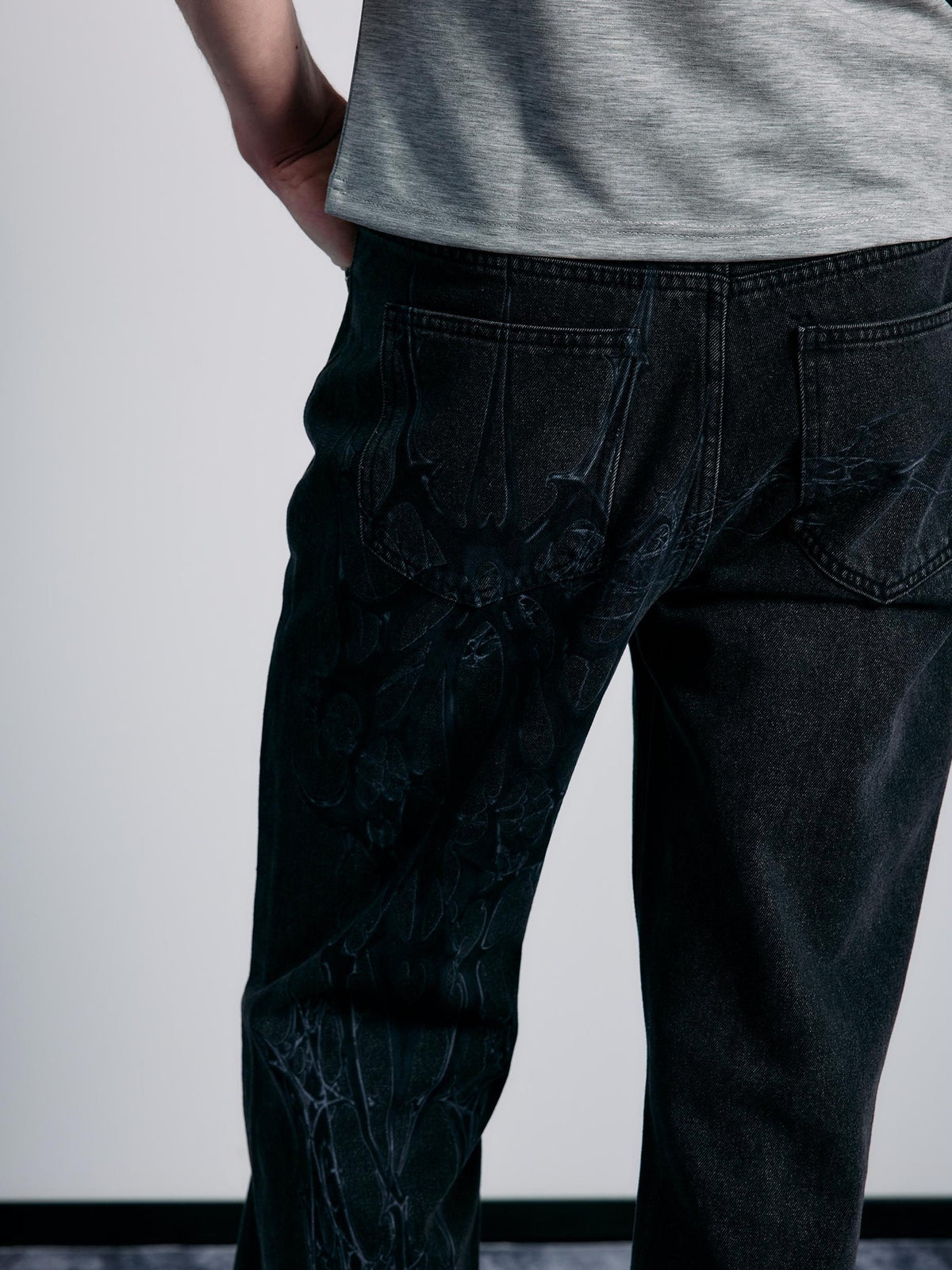 PAIKI Spider Thorn Beaded Washed Grey Denim Women's Straight Jeans