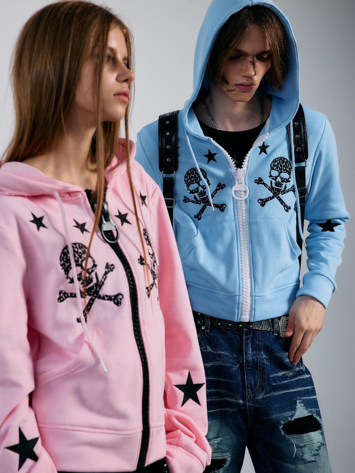 PAIKI Star Skull Embroidered Zip Design Women's Cotton Blend Zip-up Hoodies
