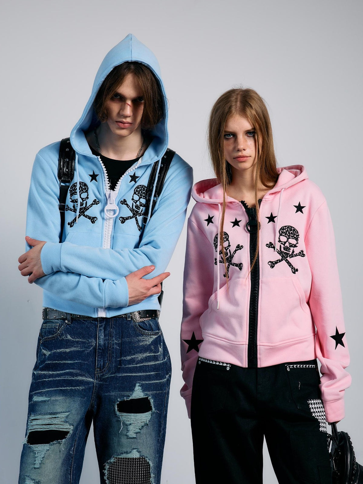 PAIKI Star Skull Embroidered Zip Design Women's Cotton Blend Zip-up Hoodies