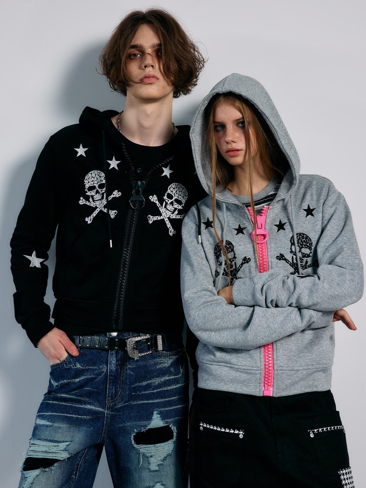 PAIKI Star Skull Embroidered Zip Design Women's Cotton Blend Zip-up Hoodies
