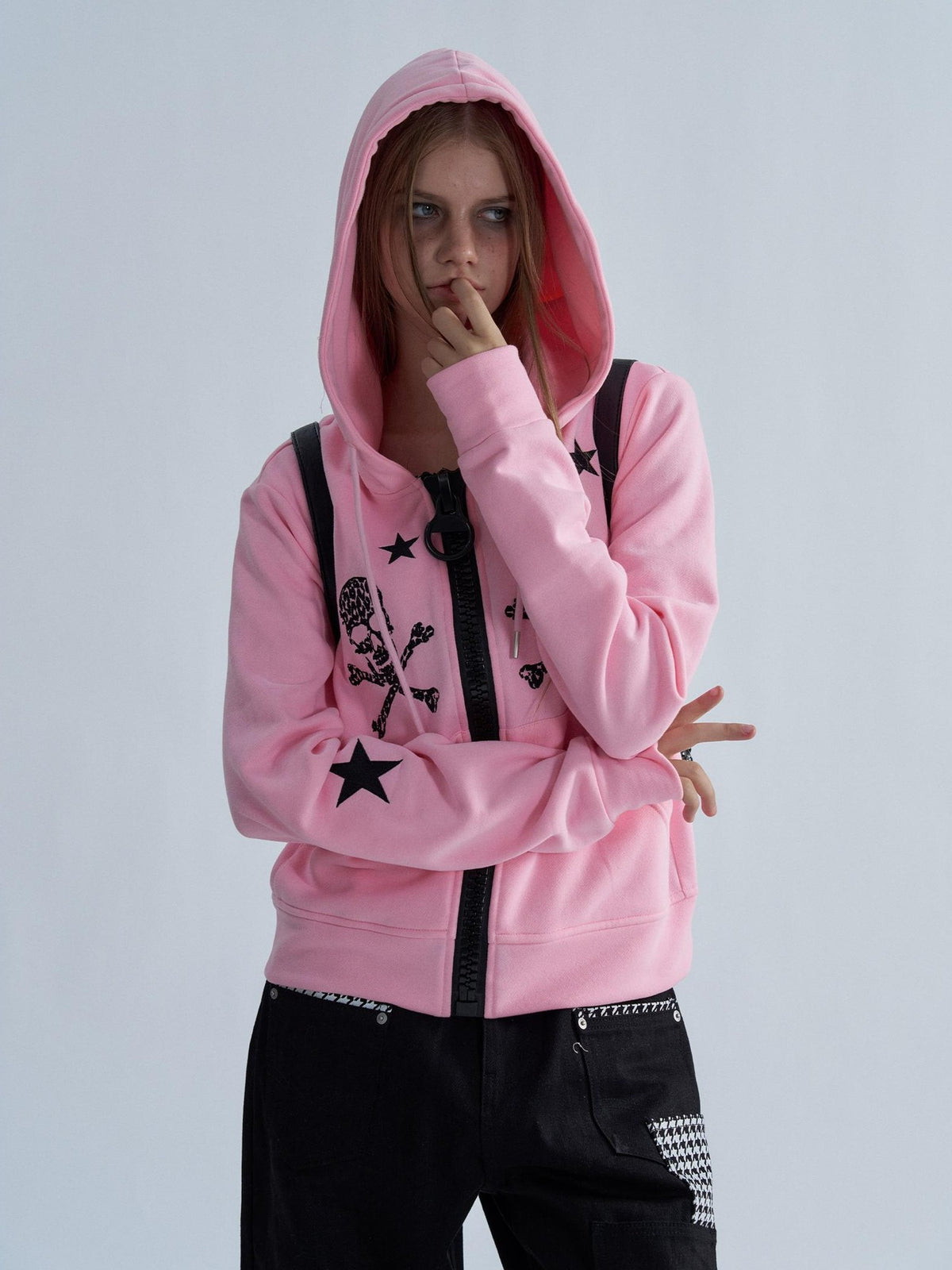 PAIKI Star Skull Embroidered Zip Design Women's Cotton Blend Zip-up Hoodies