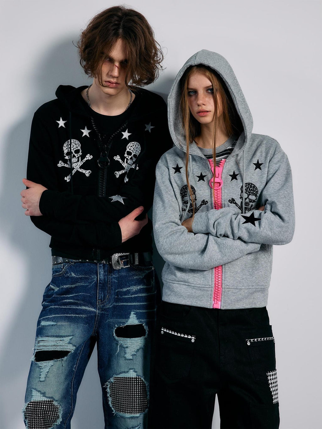 PAIKI Star Skull Embroidered Zip Design Women's Cotton Blend Zip-up Hoodies