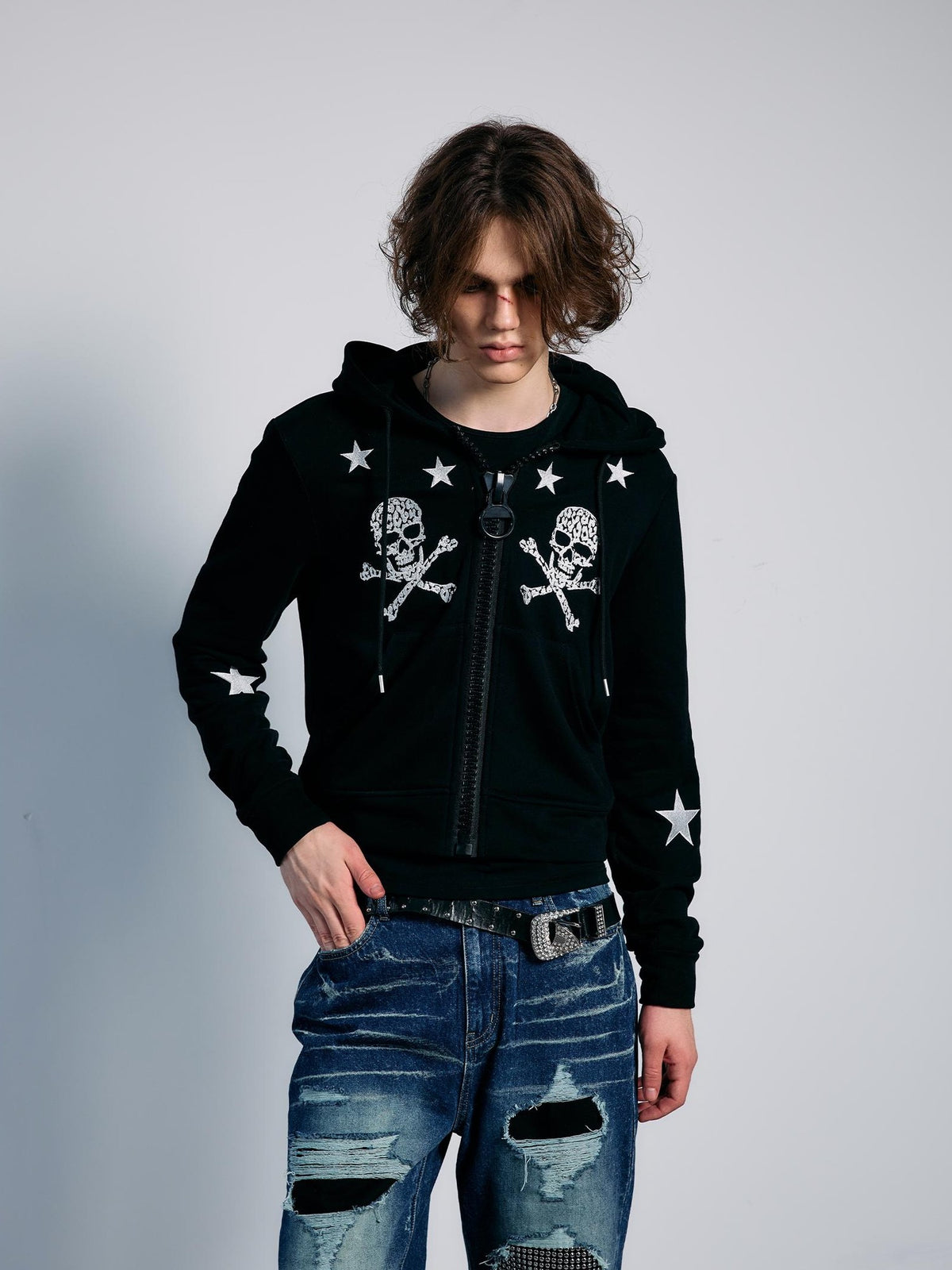 PAIKI Star Skull Embroidered Zip Design Women's Cotton Blend Zip-up Hoodies