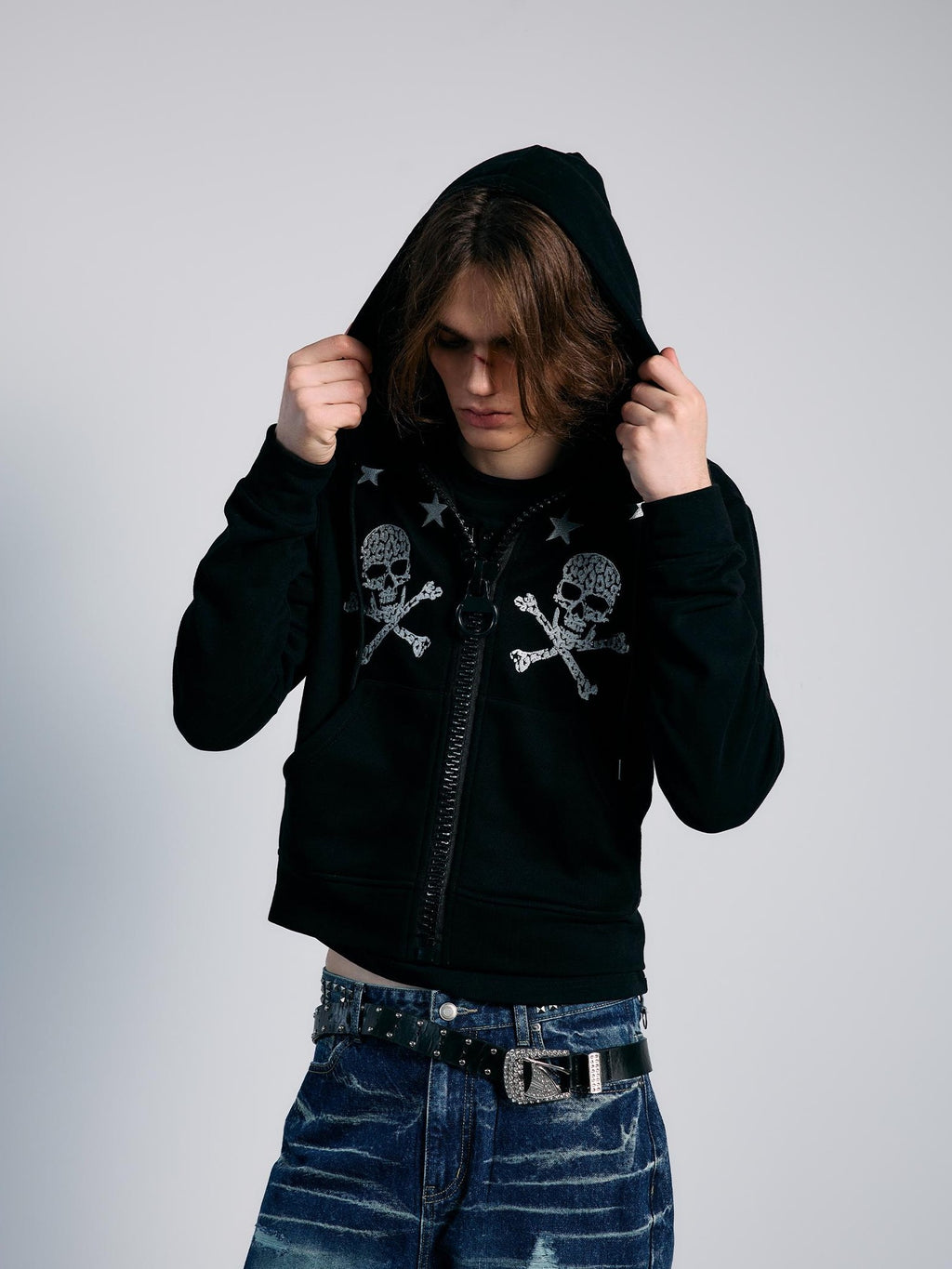 PAIKI Star Skull Embroidered Zip Design Women's Cotton Blend Zip-up Hoodies