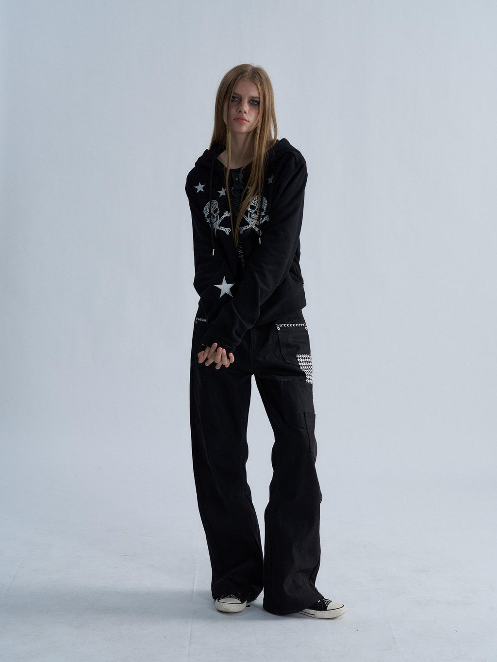 PAIKI Star Skull Embroidered Zip Design Women's Cotton Blend Zip-up Hoodies