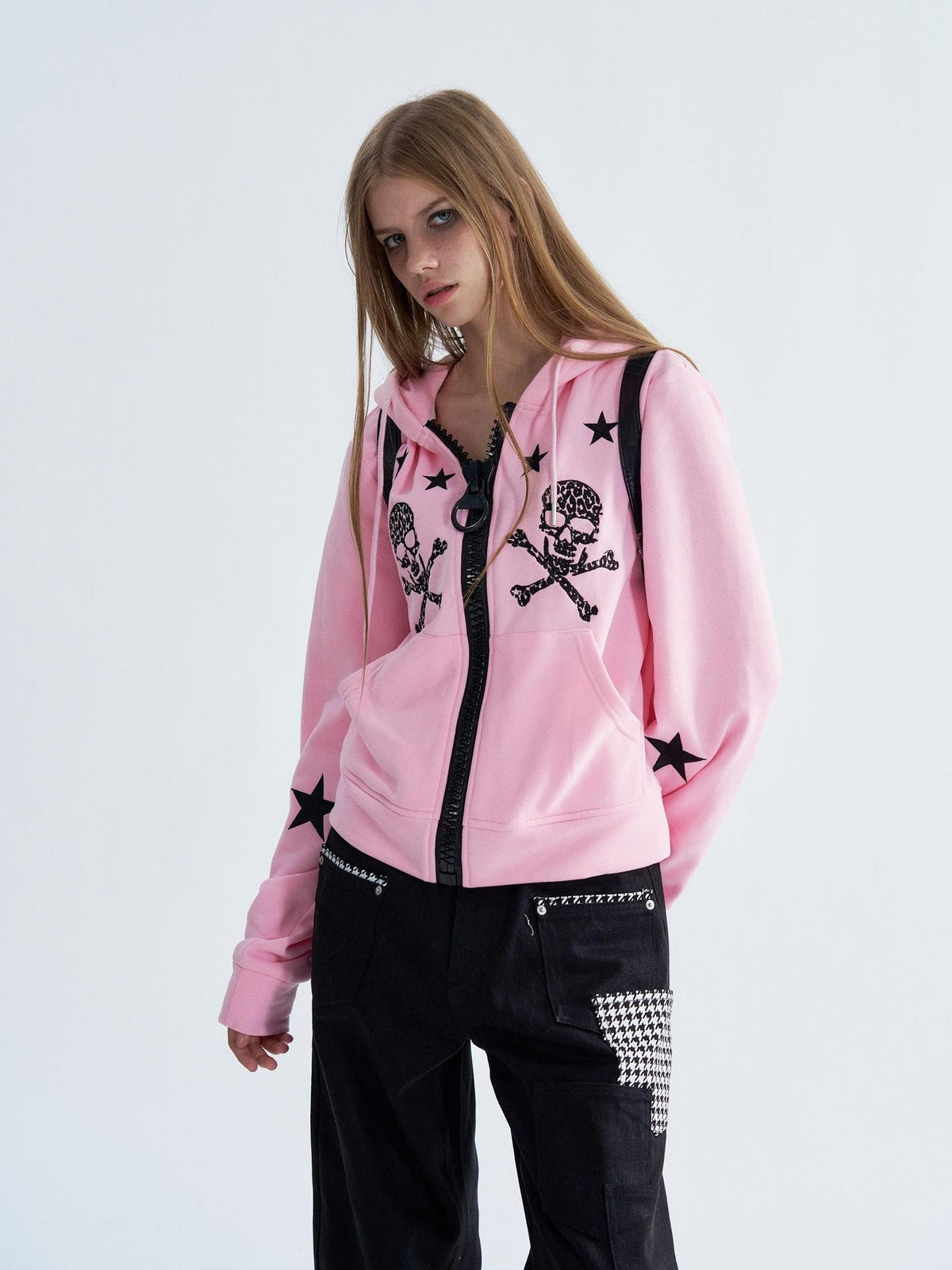 PAIKI Star Skull Embroidered Zip Design Women's Cotton Blend Zip-up Hoodies