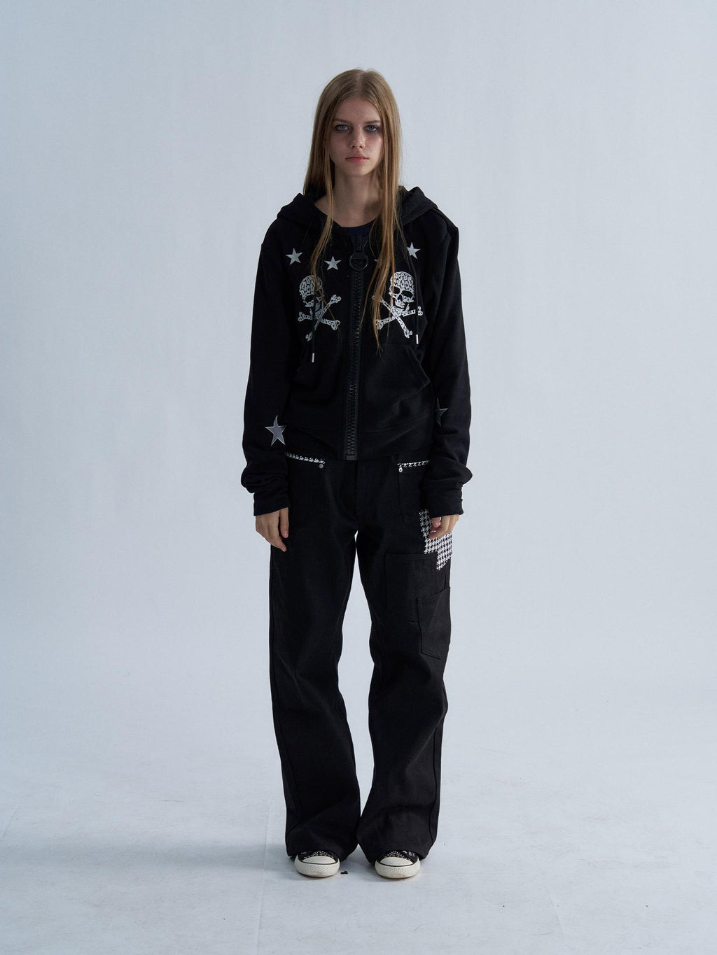 PAIKI Star Skull Embroidered Zip Design Women's Cotton Blend Zip-up Hoodies