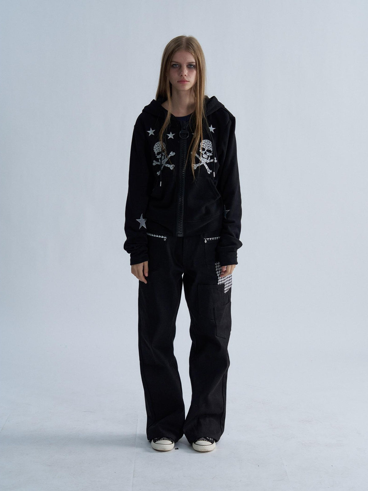 PAIKI Star Skull Embroidered Zip Design Women's Cotton Blend Zip-up Hoodies