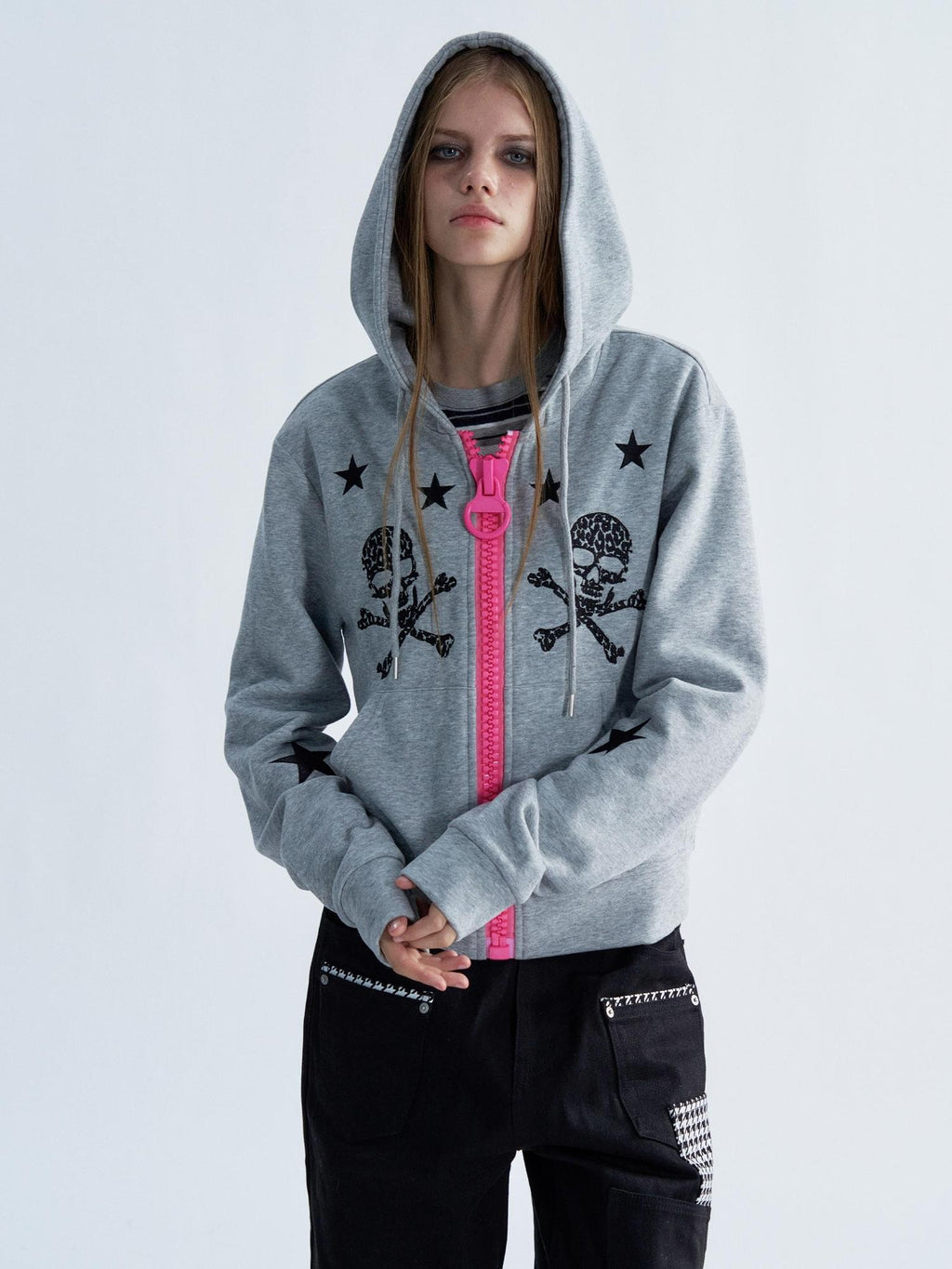 PAIKI Star Skull Embroidered Zip Design Women's Cotton Blend Zip-up Hoodies