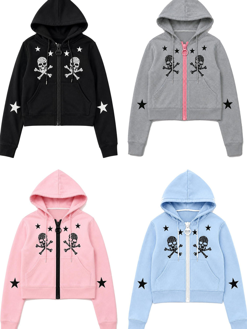 PAIKI Star Skull Embroidered Zip Design Women's Cotton Blend Zip-up Hoodies