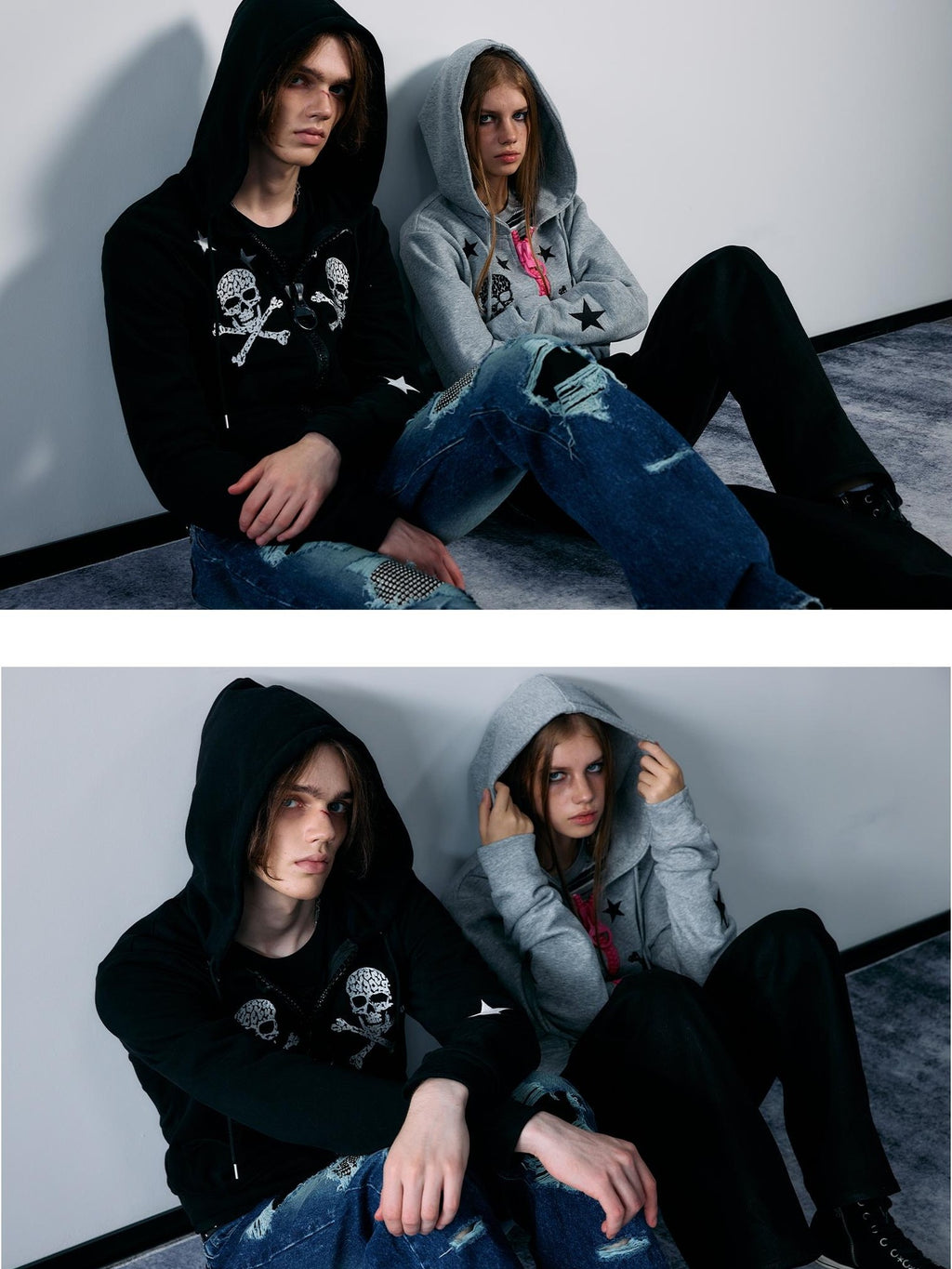 PAIKI Star Skull Embroidered Zip Design Women's Cotton Blend Zip-up Hoodies