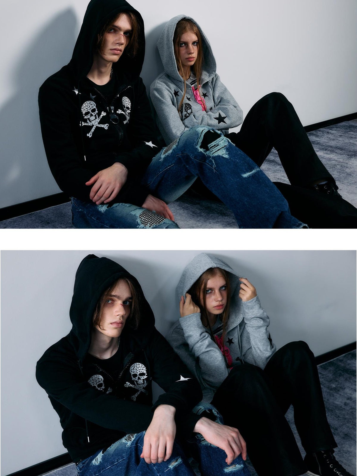 PAIKI Star Skull Embroidered Zip Design Women's Cotton Blend Zip-up Hoodies