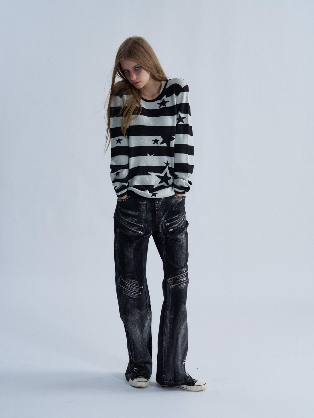 PAIKI Star Striped Print Slim Fit Wool Blend Women's Crew Neck Sweaters