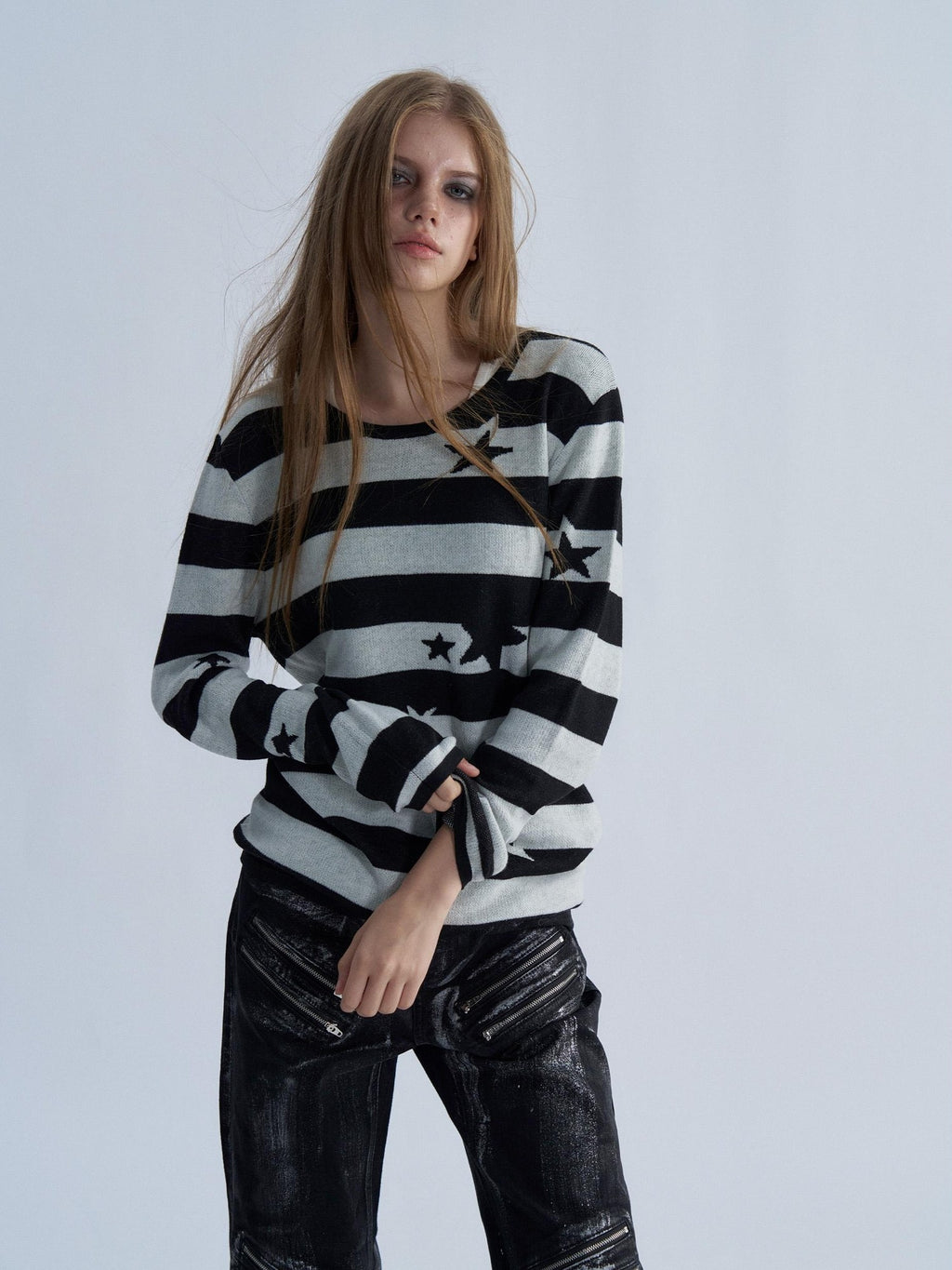PAIKI Star Striped Print Slim Fit Wool Blend Women's Crew Neck Sweaters