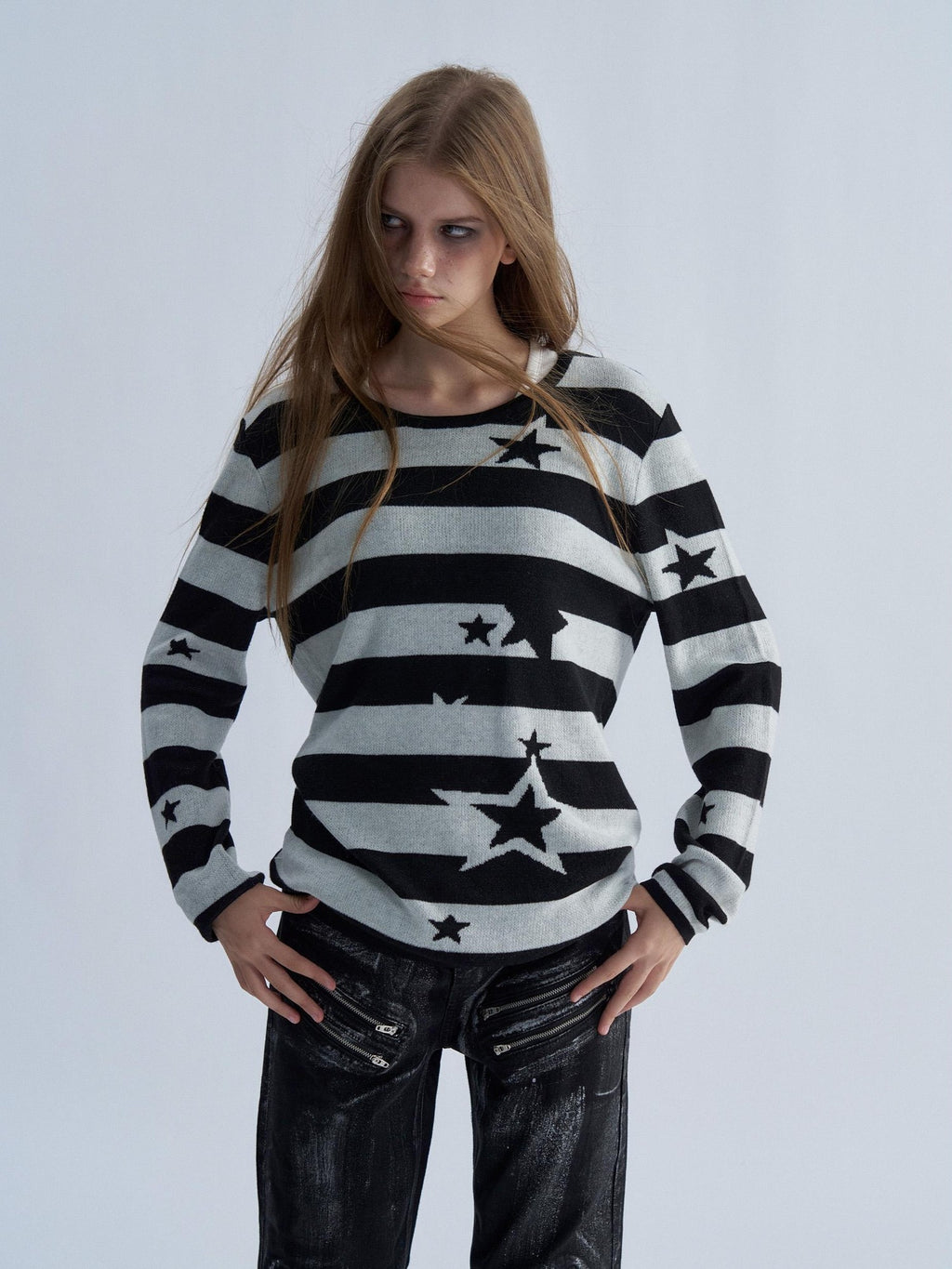 PAIKI Star Striped Print Slim Fit Wool Blend Women's Crew Neck Sweaters