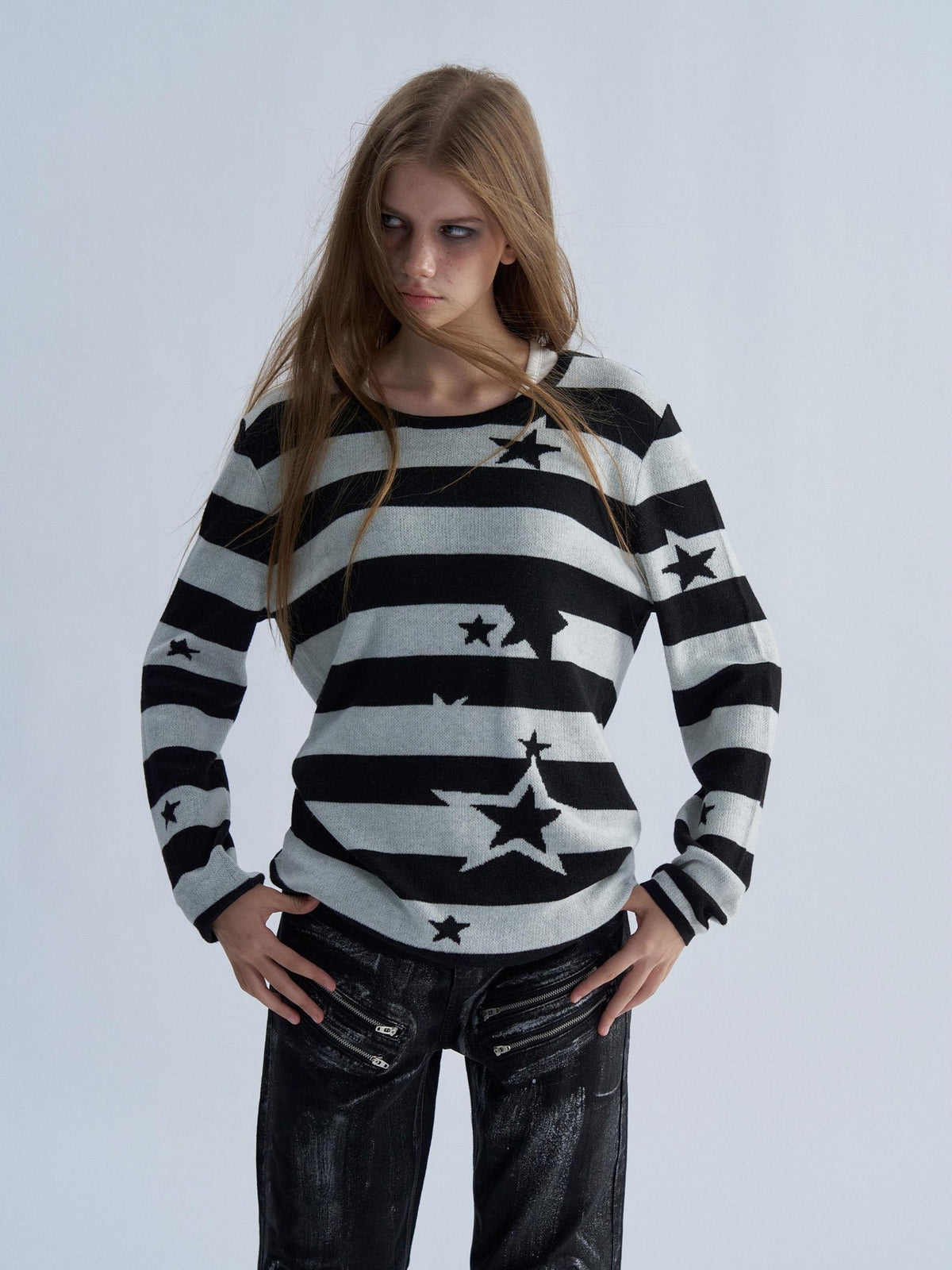 PAIKI Star Striped Print Slim Fit Wool Blend Women's Crew Neck Sweaters