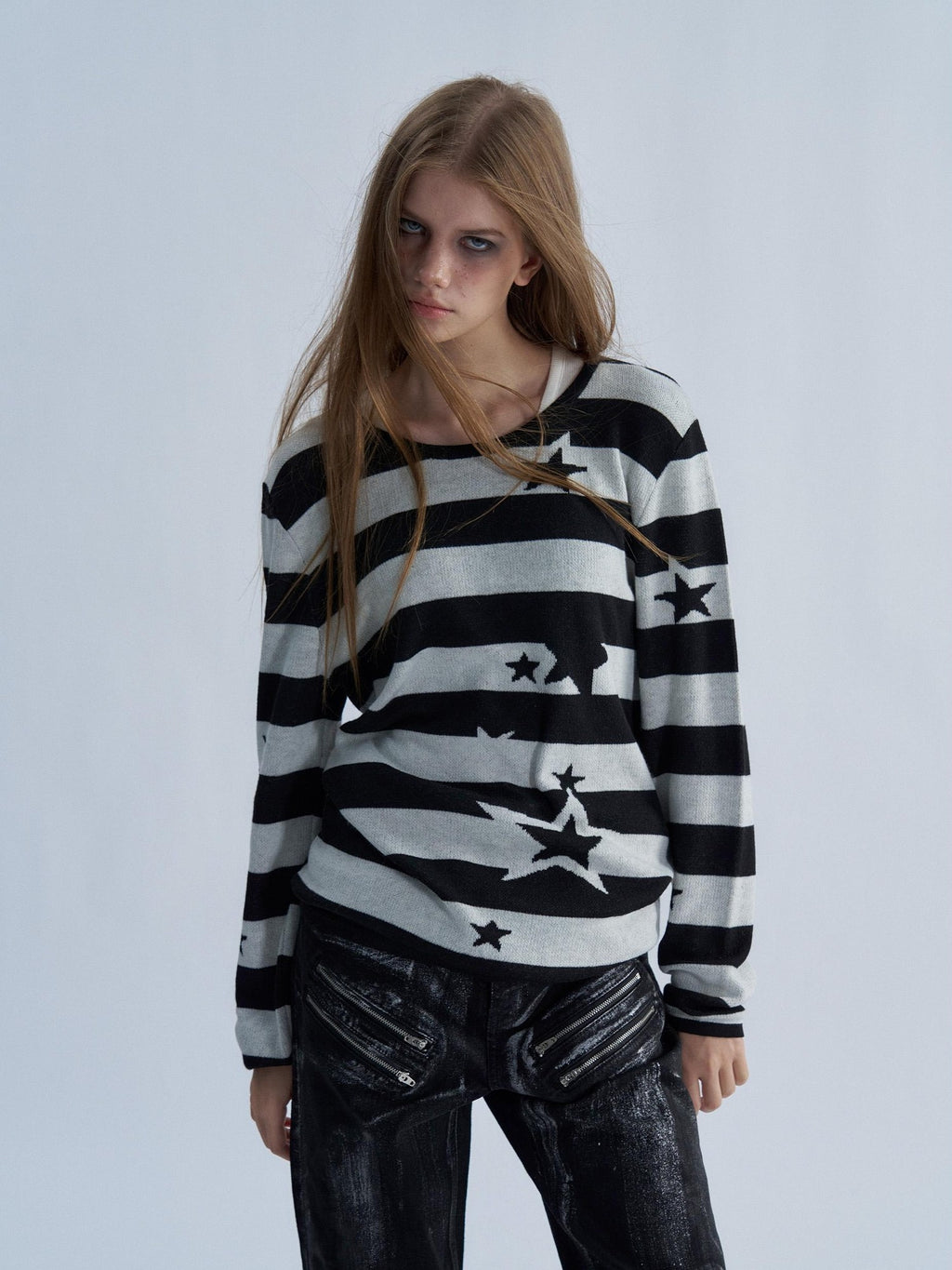 PAIKI Star Striped Print Slim Fit Wool Blend Women's Crew Neck Sweaters