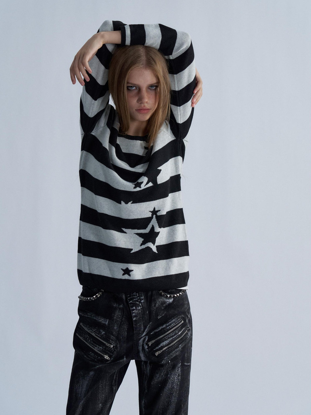 PAIKI Star Striped Print Slim Fit Wool Blend Women's Crew Neck Sweaters