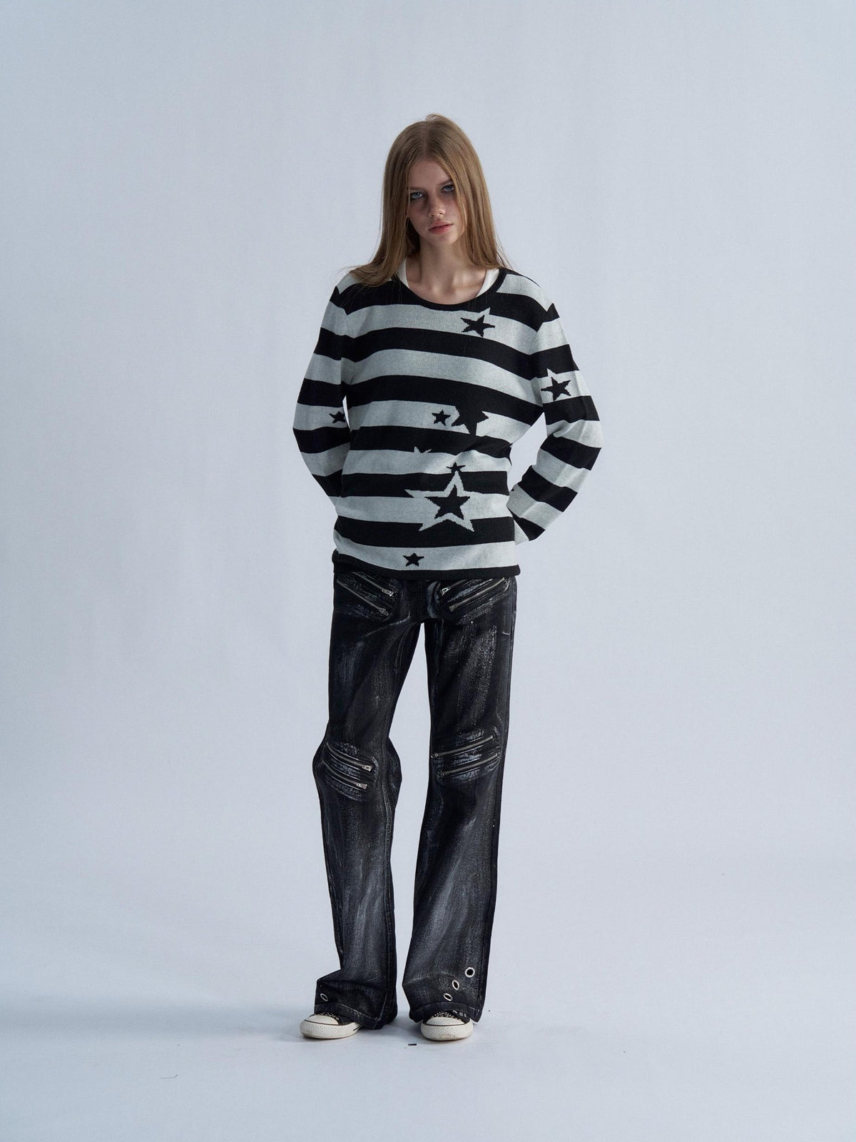 PAIKI Star Striped Print Slim Fit Wool Blend Women's Crew Neck Sweaters