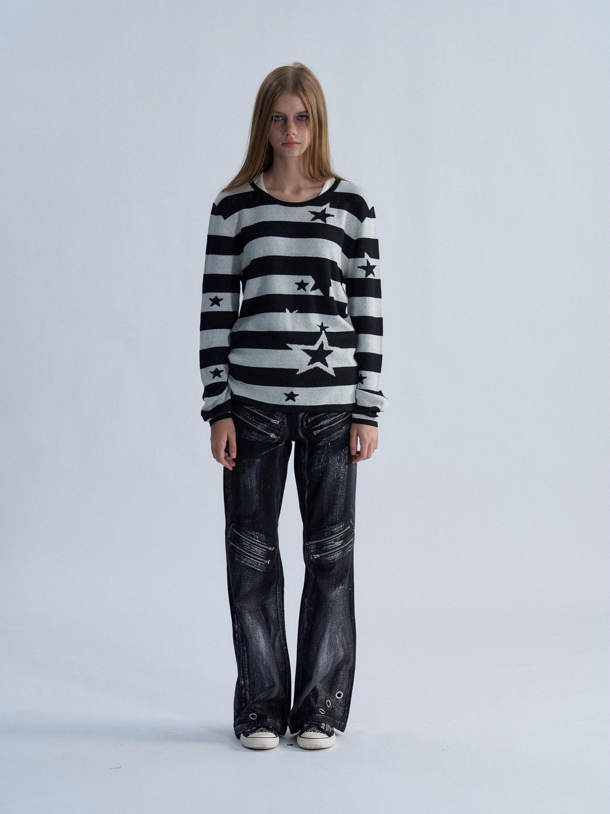 PAIKI Star Striped Print Slim Fit Wool Blend Women's Crew Neck Sweaters
