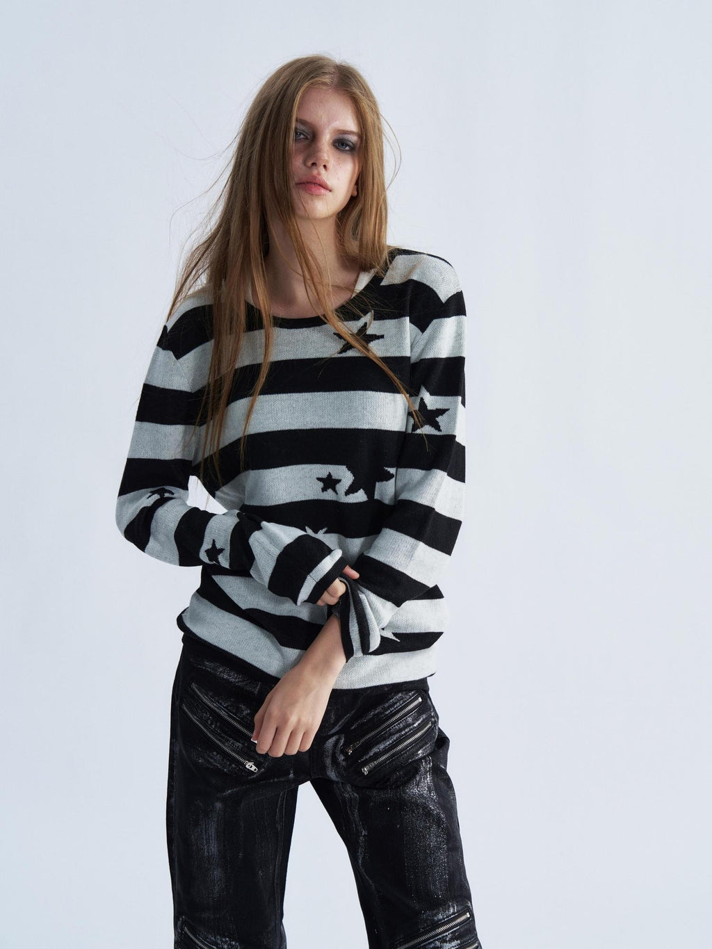 PAIKI Star Striped Print Slim Fit Wool Blend Women's Crew Neck Sweaters