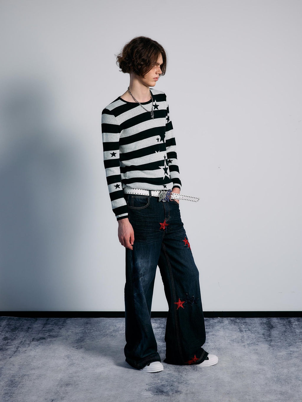 PAIKI Star Striped Print Slim Fit Wool Blend Women's Crew Neck Sweaters