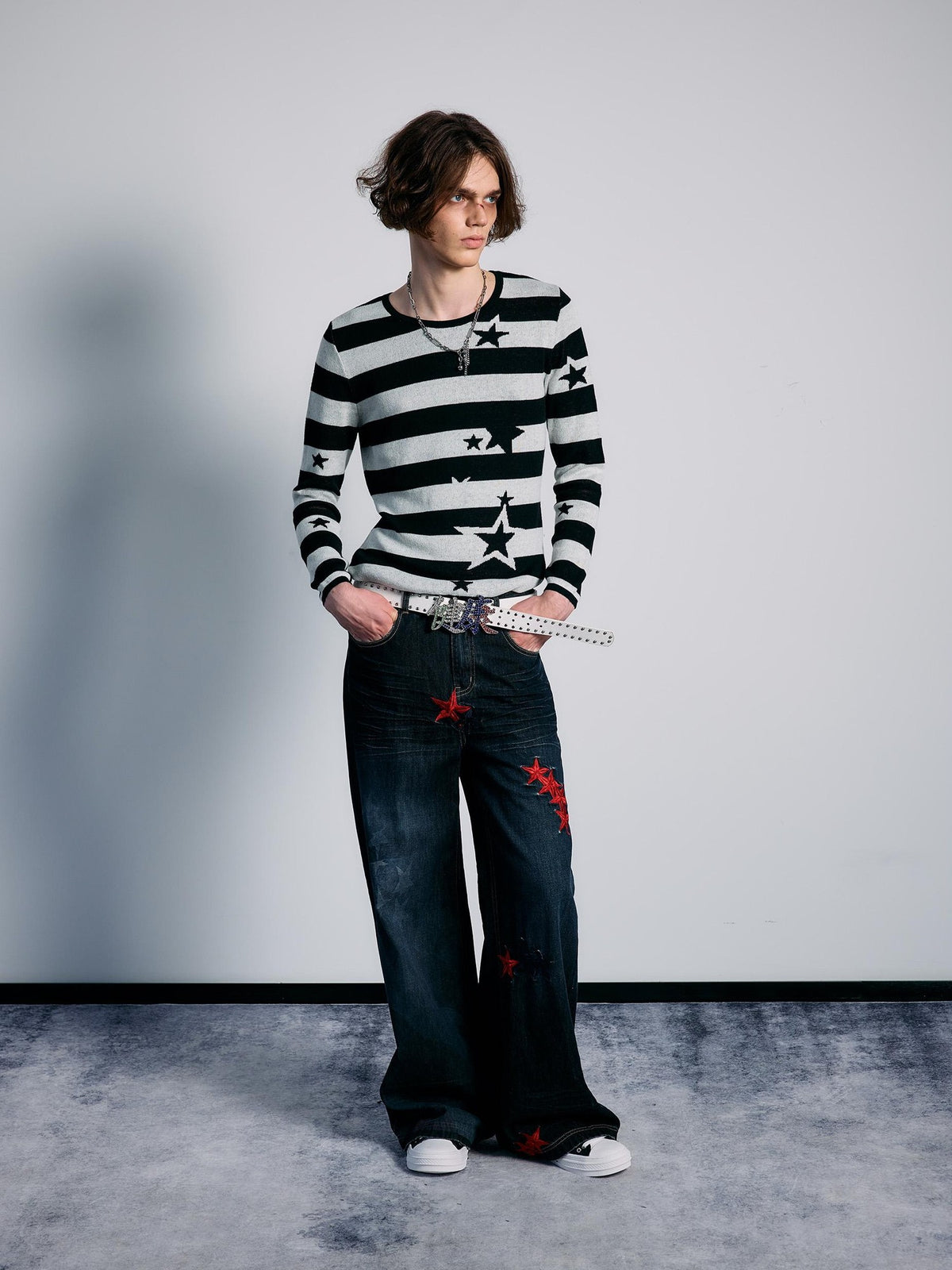 PAIKI Star Striped Print Slim Fit Wool Blend Women's Crew Neck Sweaters