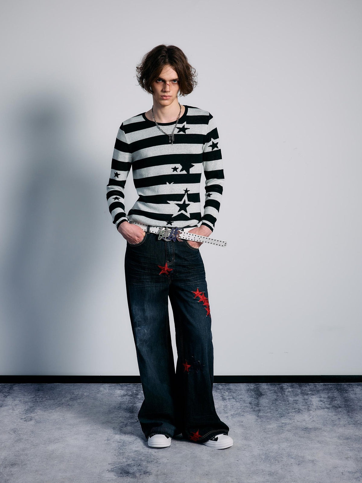 PAIKI Star Striped Print Slim Fit Wool Blend Women's Crew Neck Sweaters