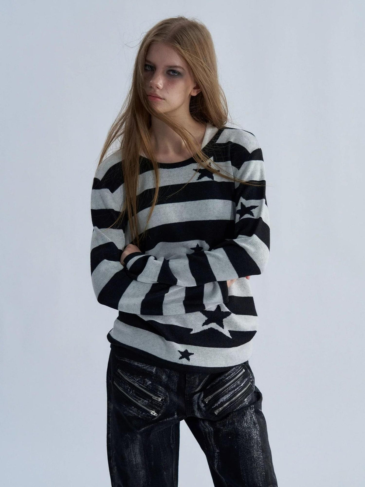 PAIKI Star Striped Print Slim Fit Wool Blend Women's Crew Neck Sweaters