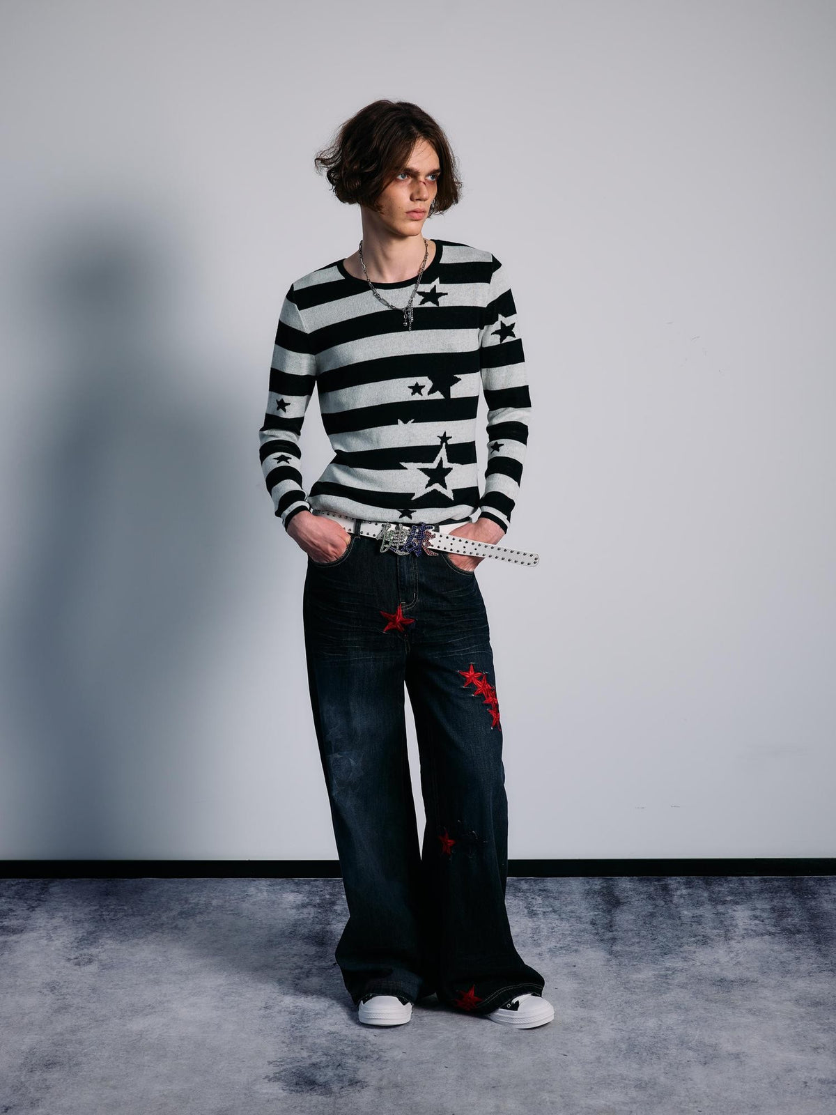 PAIKI Star Striped Print Slim Fit Wool Blend Women's Crew Neck Sweaters
