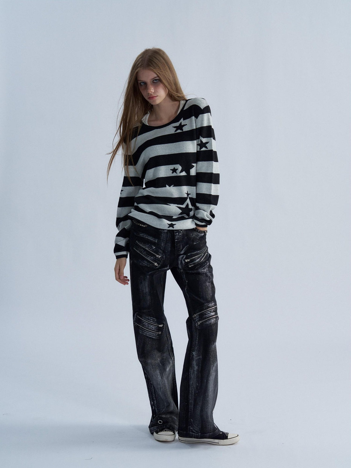 PAIKI Star Striped Print Slim Fit Wool Blend Women's Crew Neck Sweaters