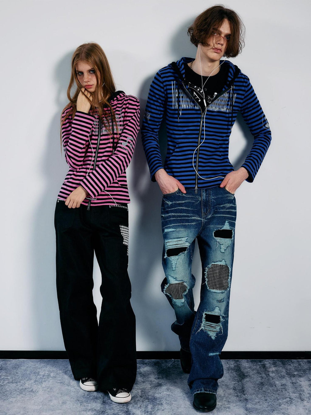 PAIKI Striped Embroidered Punk Slim Fit Women's Cotton Zip-up Hoodies