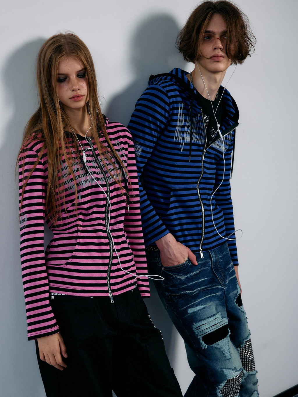 PAIKI Striped Embroidered Punk Slim Fit Women's Cotton Zip-up Hoodies