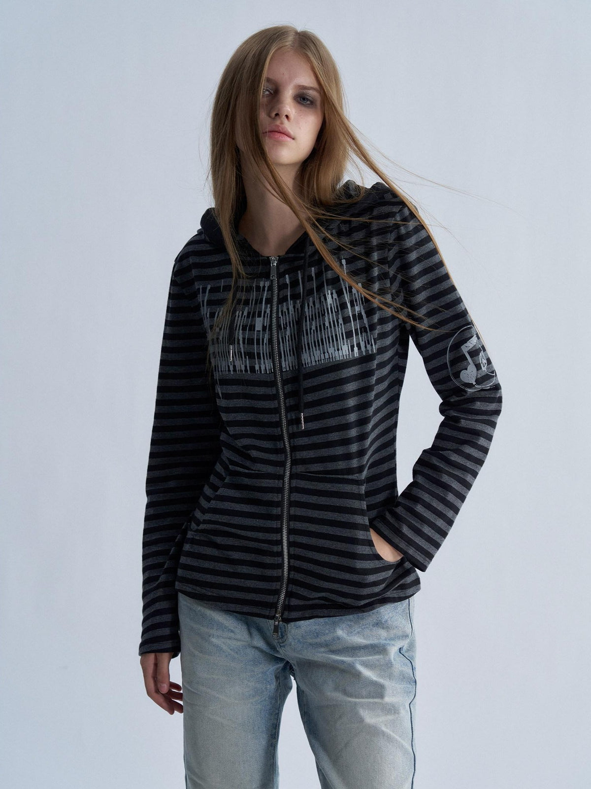 PAIKI Striped Embroidered Punk Slim Fit Women's Cotton Zip-up Hoodies