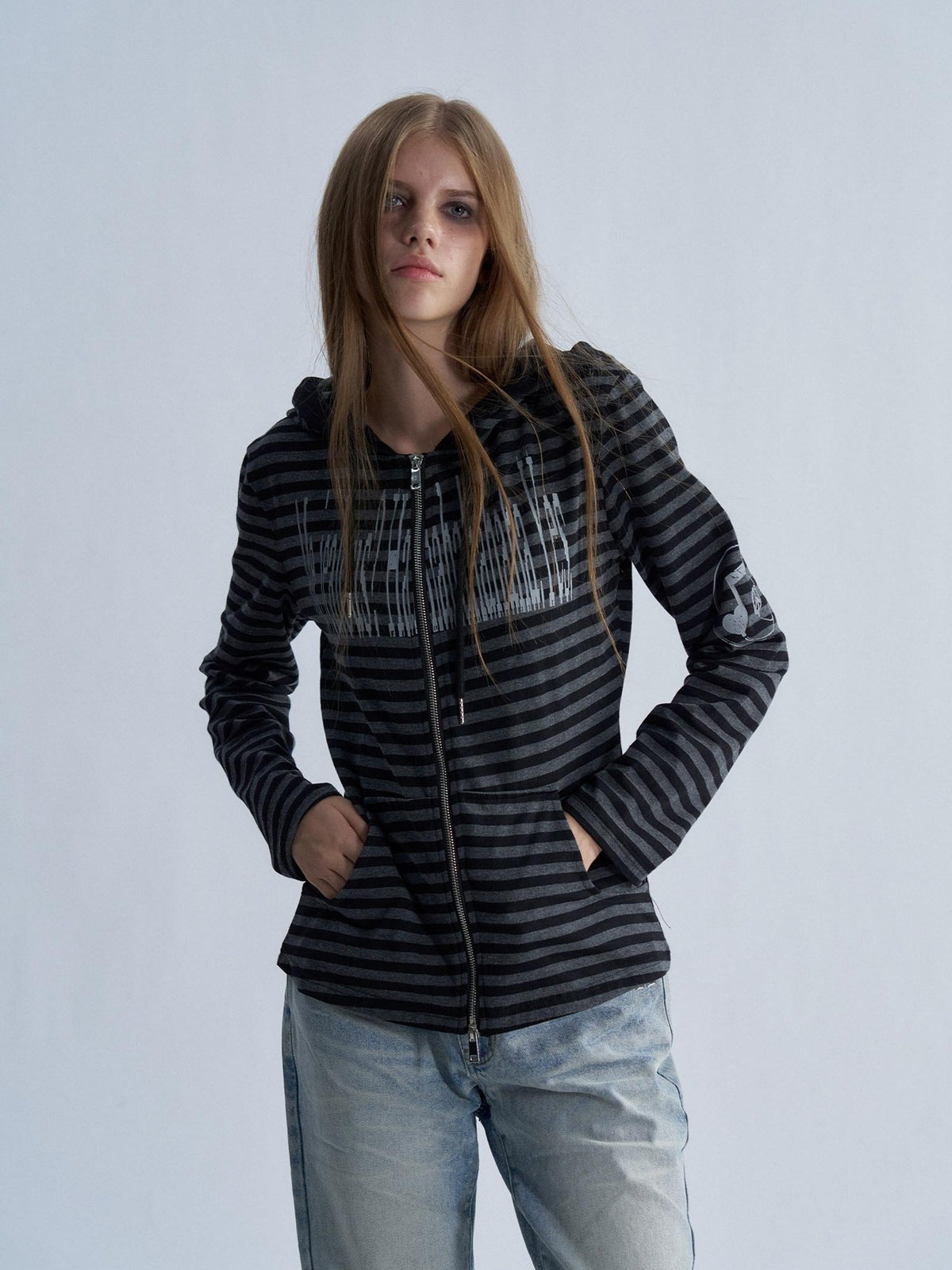 PAIKI Striped Embroidered Punk Slim Fit Women's Cotton Zip-up Hoodies