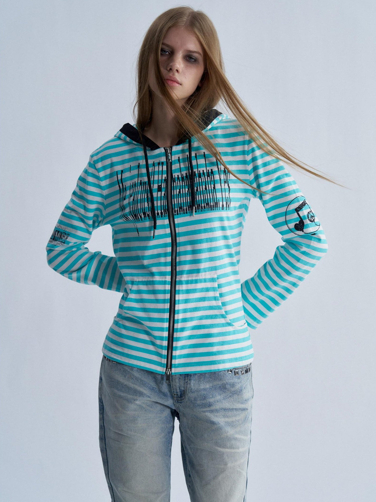 PAIKI Striped Embroidered Punk Slim Fit Women's Cotton Zip-up Hoodies