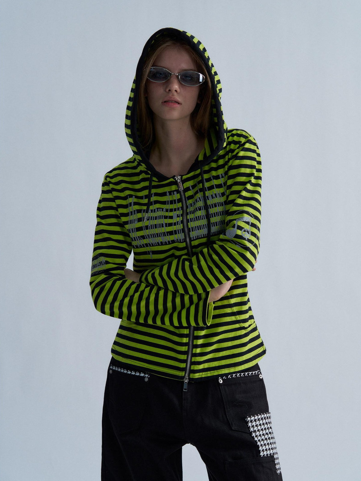 PAIKI Striped Embroidered Punk Slim Fit Women's Cotton Zip-up Hoodies