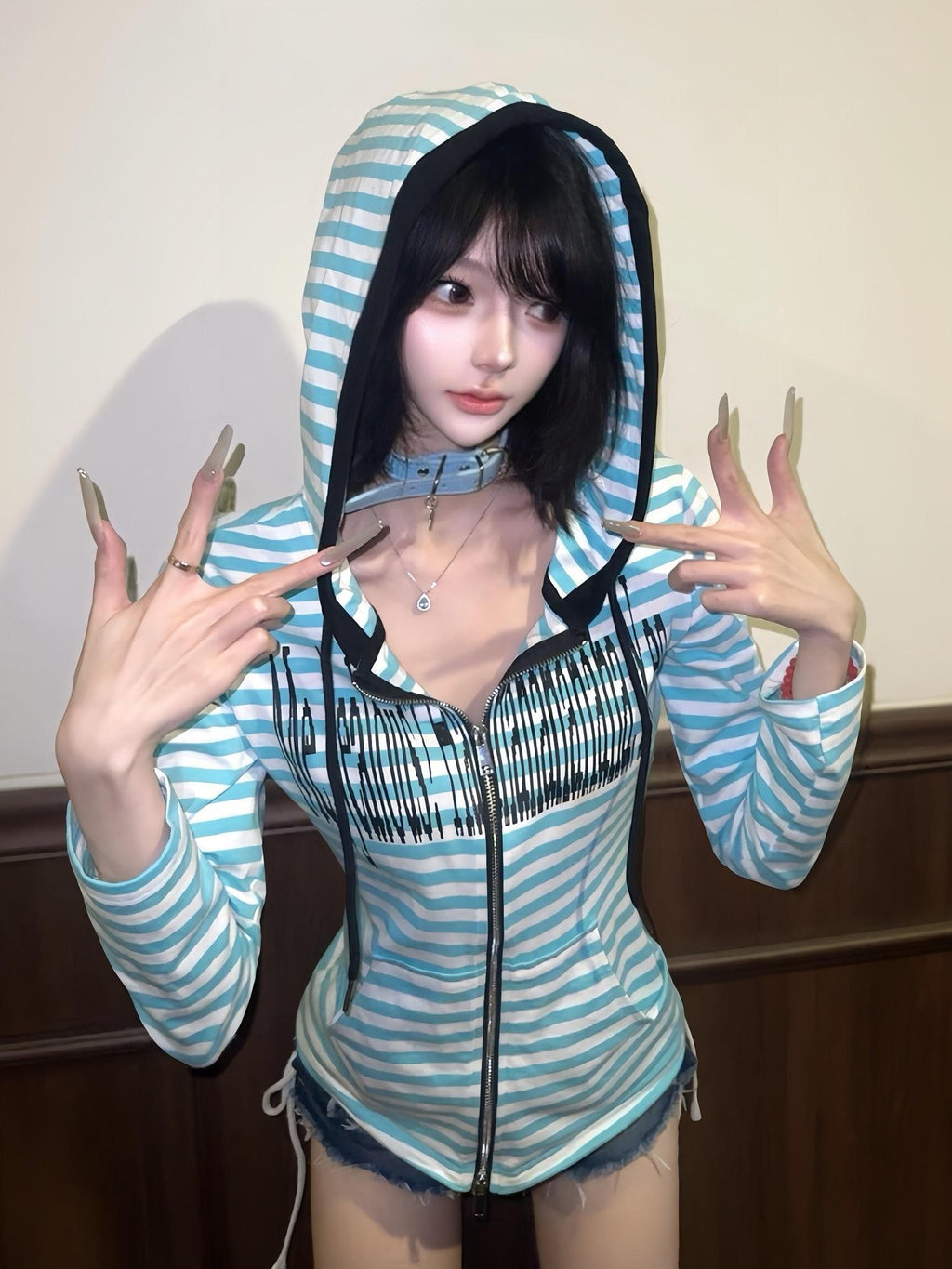 PAIKI Striped Embroidered Punk Slim Fit Women's Cotton Zip-up Hoodies