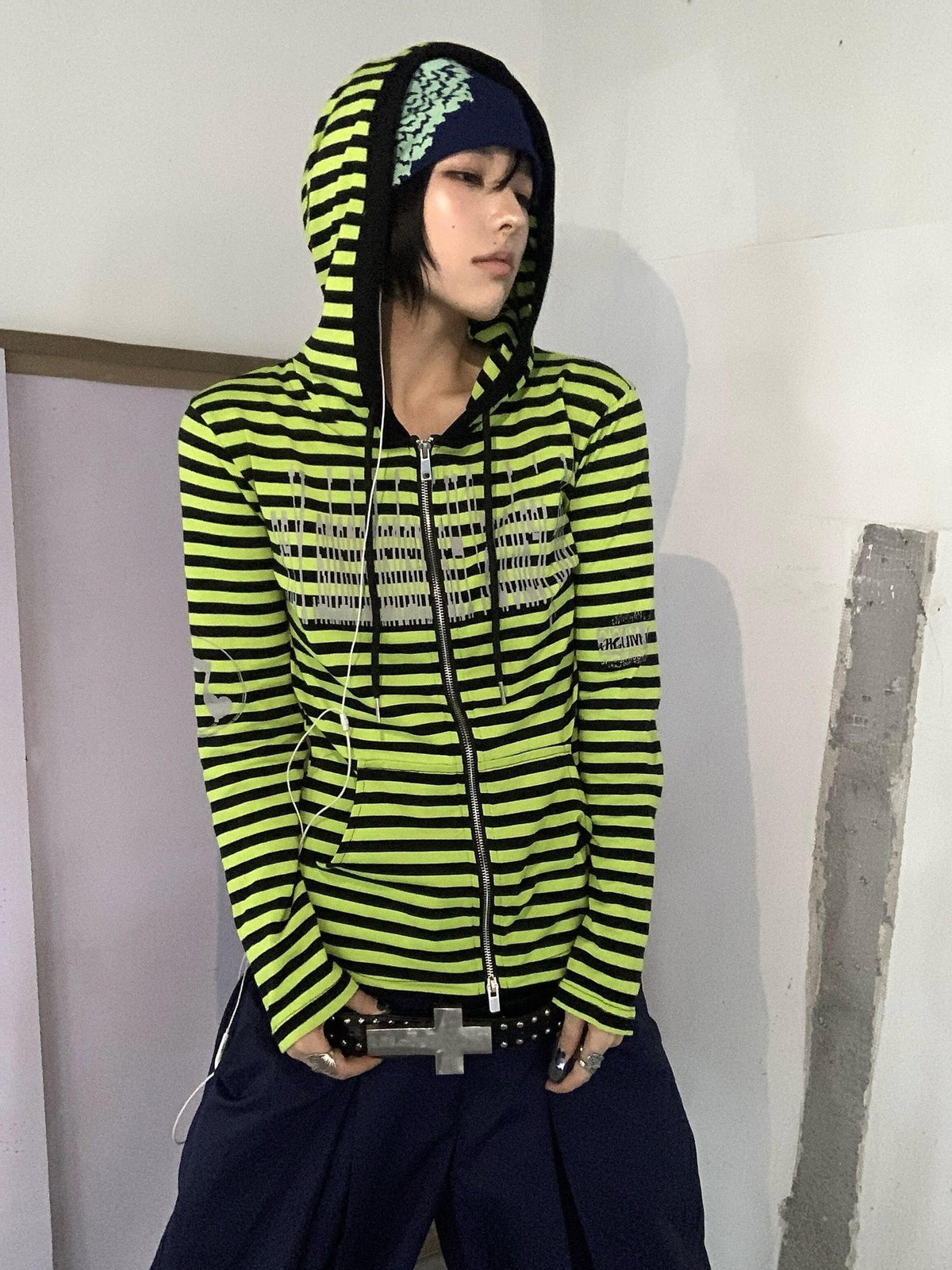 PAIKI Striped Embroidered Punk Slim Fit Women's Cotton Zip-up Hoodies