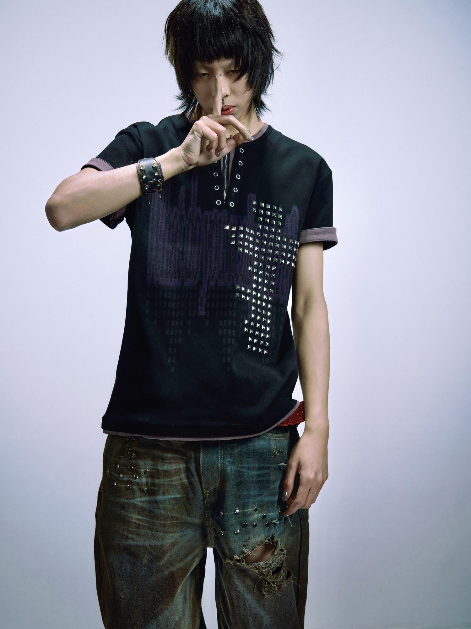 PAIKI Studded Cross Hood Zip Unisex Casual Cotton Purple Gray Short Sleeve T-Shirts