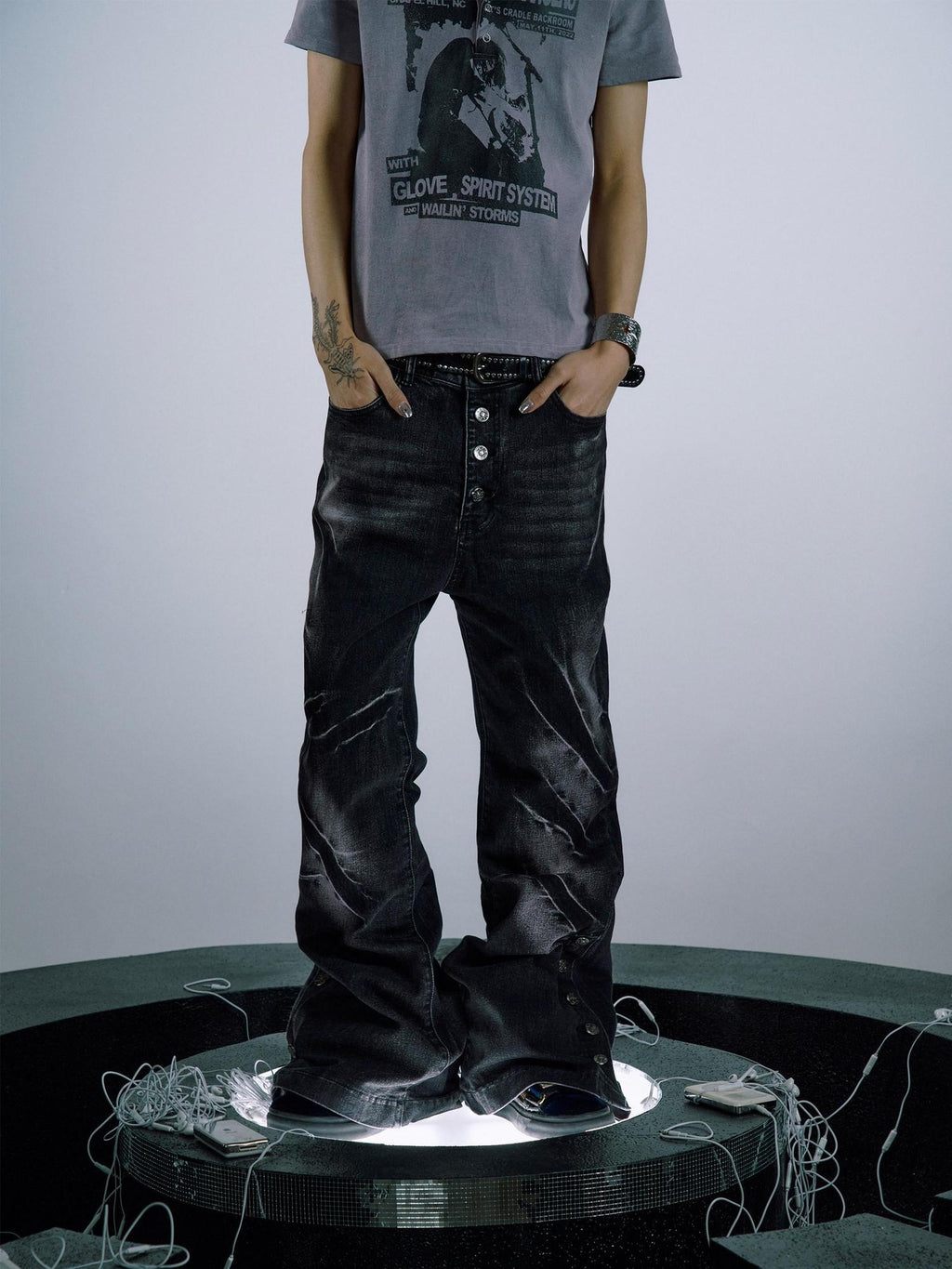 PAIKI Studded Dark Purple Wash Mid Rise Relaxed Wide Leg Mens Flare Jeans
