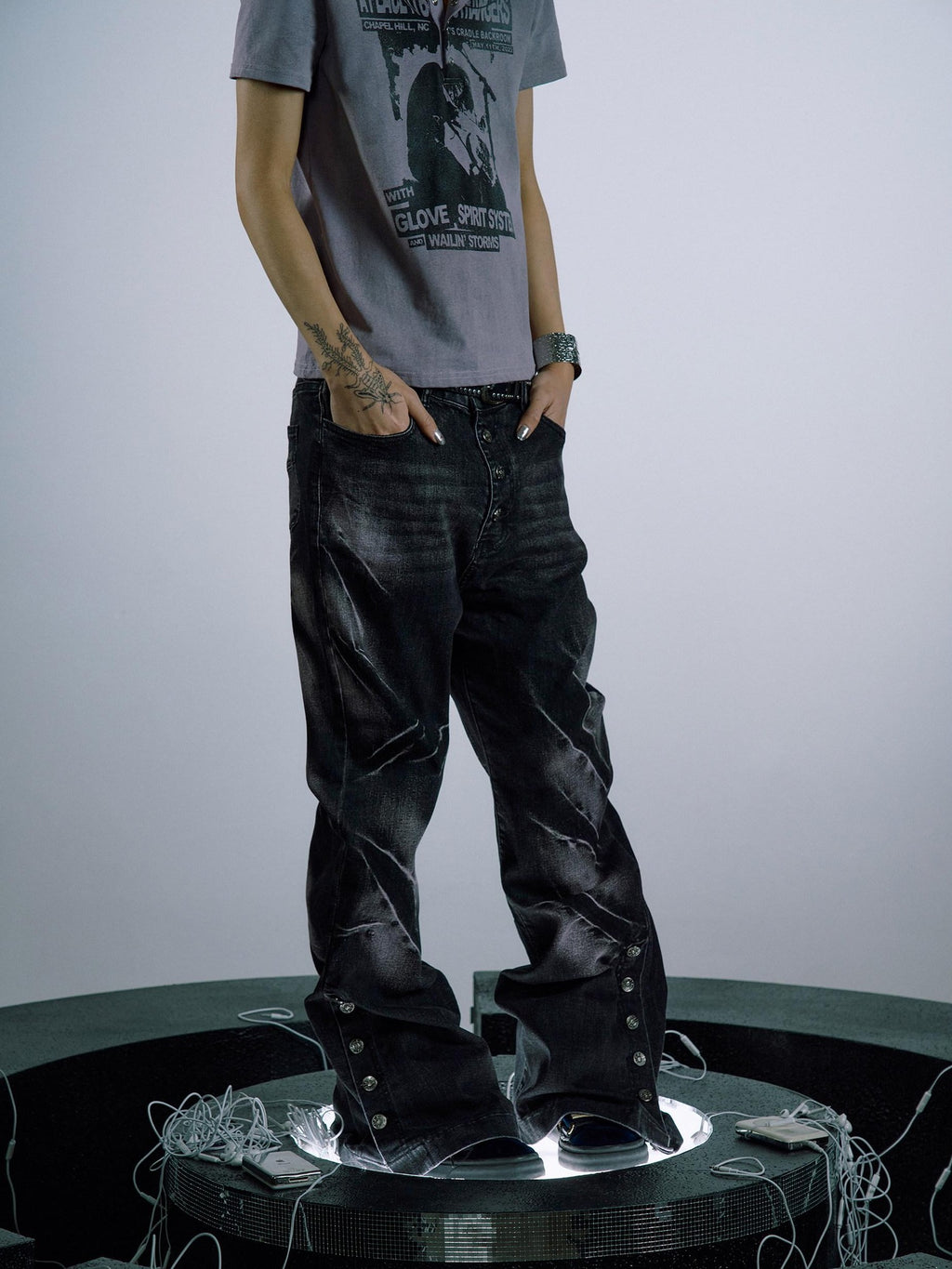 PAIKI Studded Dark Purple Wash Mid Rise Relaxed Wide Leg Mens Flare Jeans