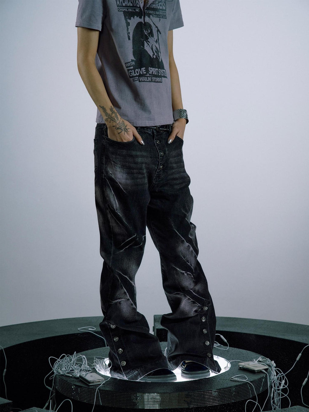 PAIKI Studded Dark Purple Wash Mid Rise Relaxed Wide Leg Mens Flare Jeans