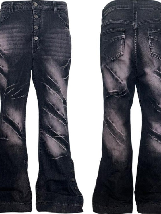 PAIKI Studded Dark Purple Wash Mid Rise Relaxed Wide Leg Mens Flare Jeans