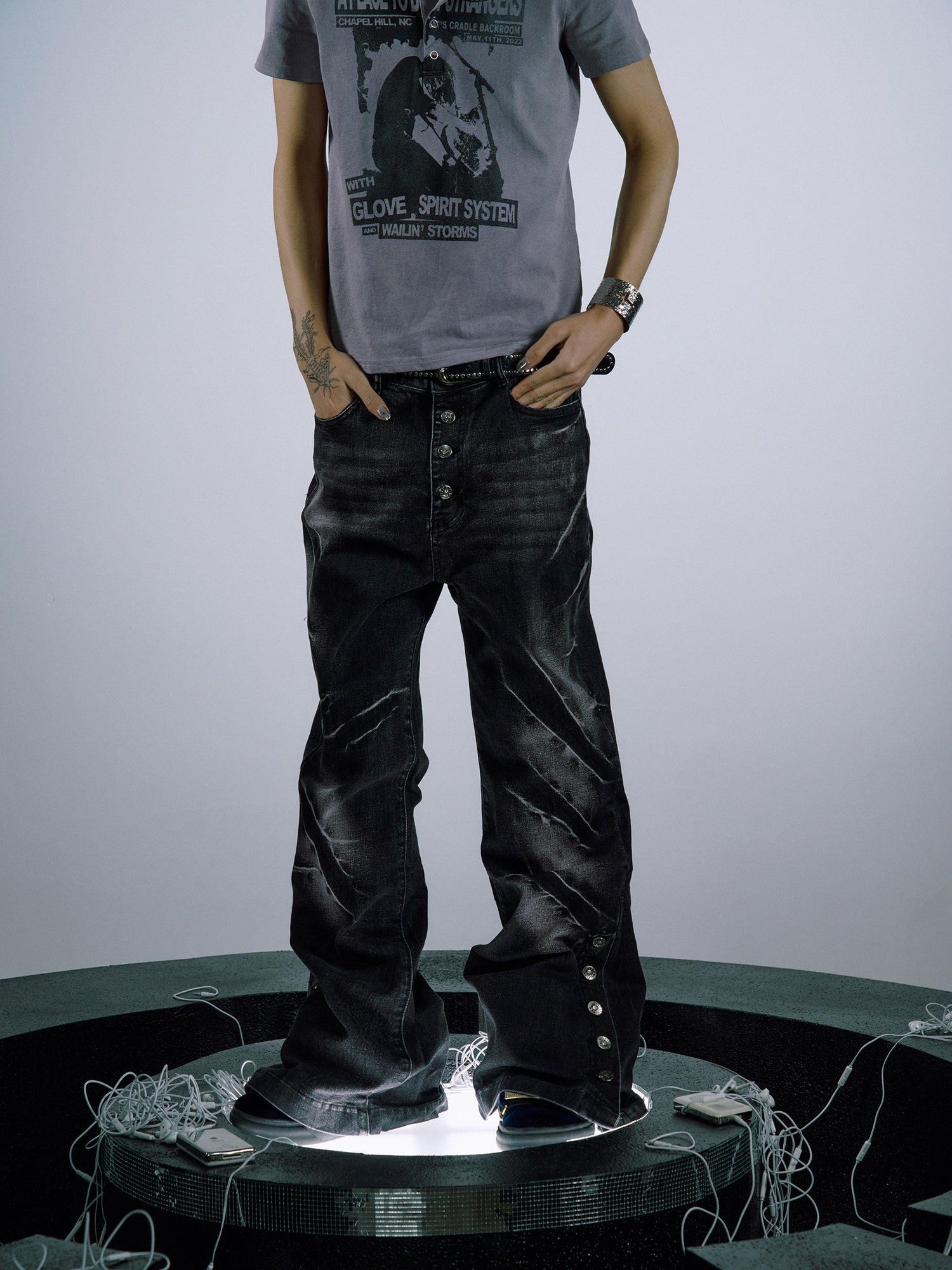 PAIKI Studded Dark Purple Wash Mid Rise Relaxed Wide Leg Mens Flare Jeans