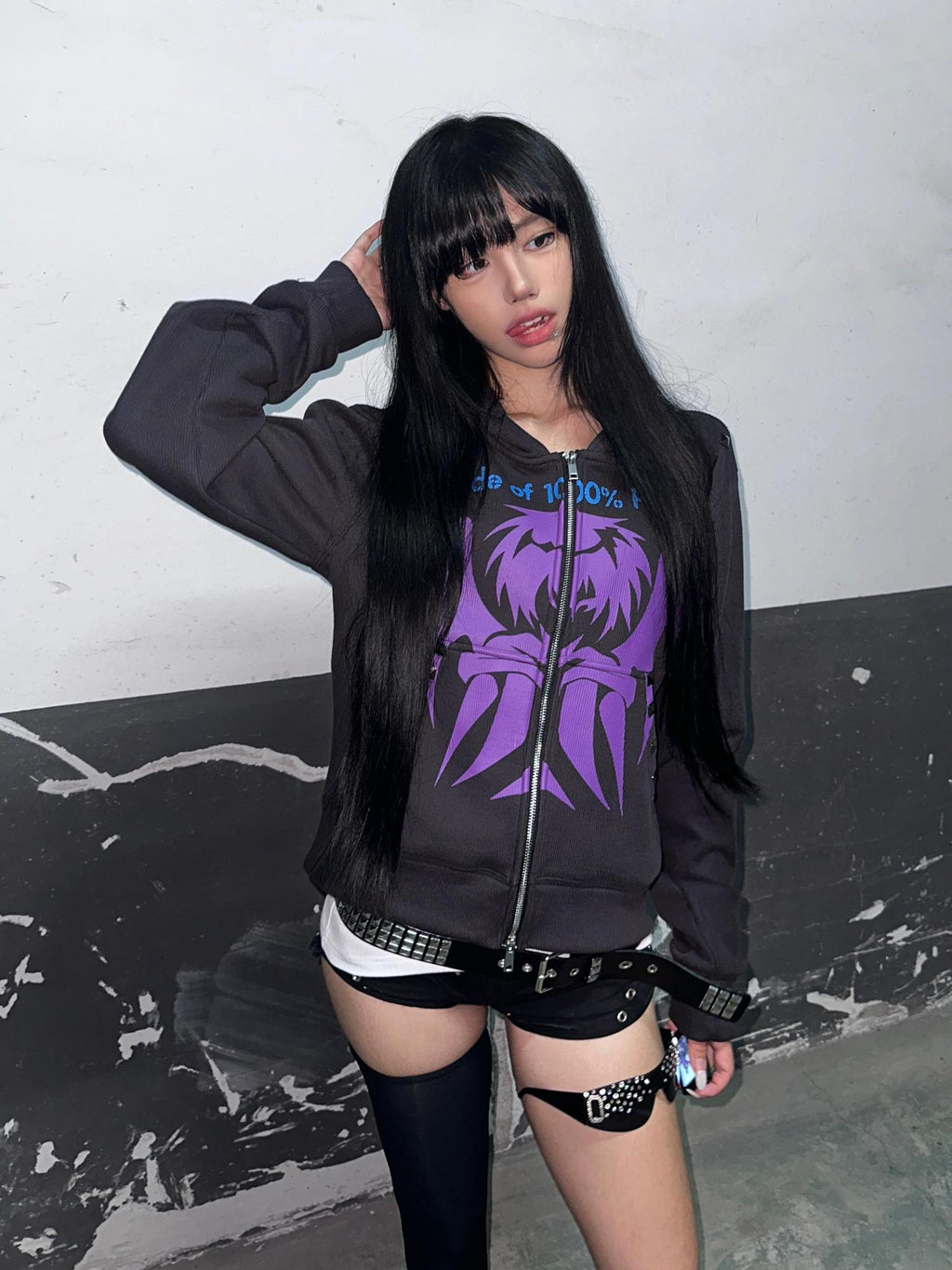 PAIKI Studded Devil Graphic Long Sleeve Cotton Women's Zip-up Hoodies