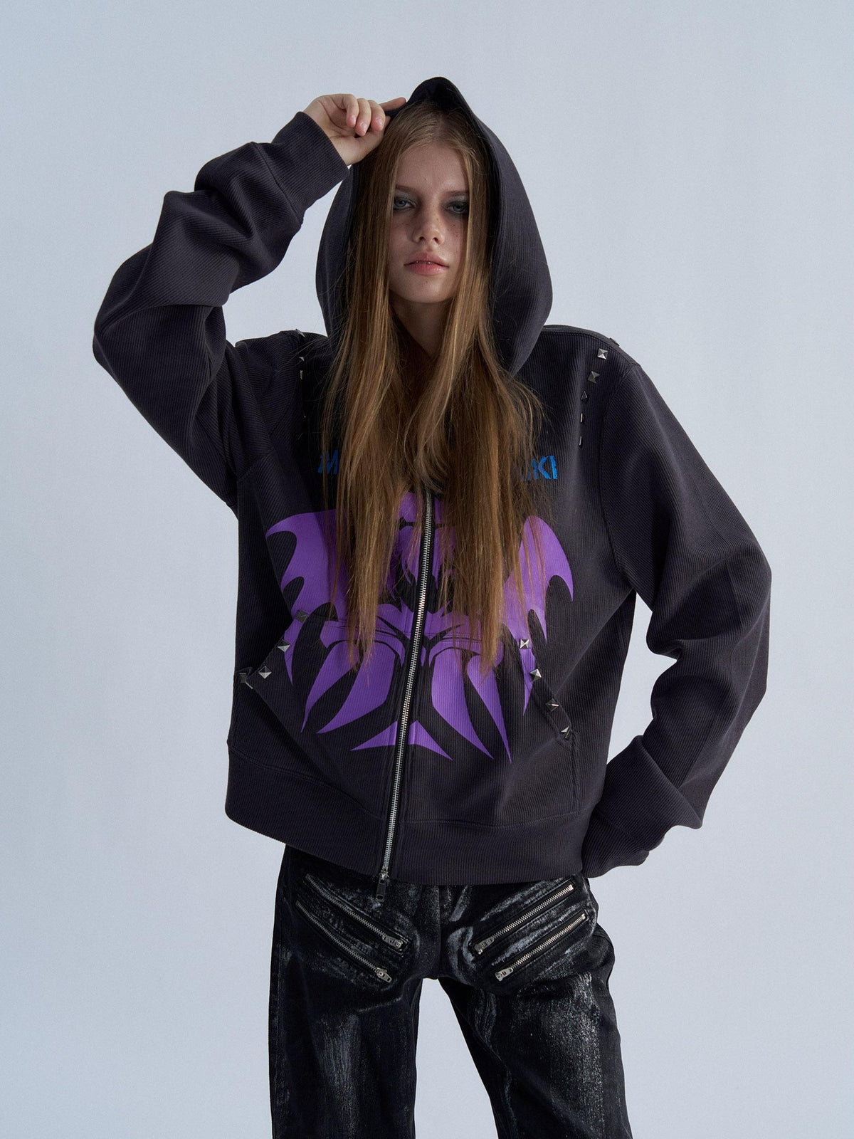 PAIKI Studded Devil Graphic Long Sleeve Cotton Women's Zip-up Hoodies